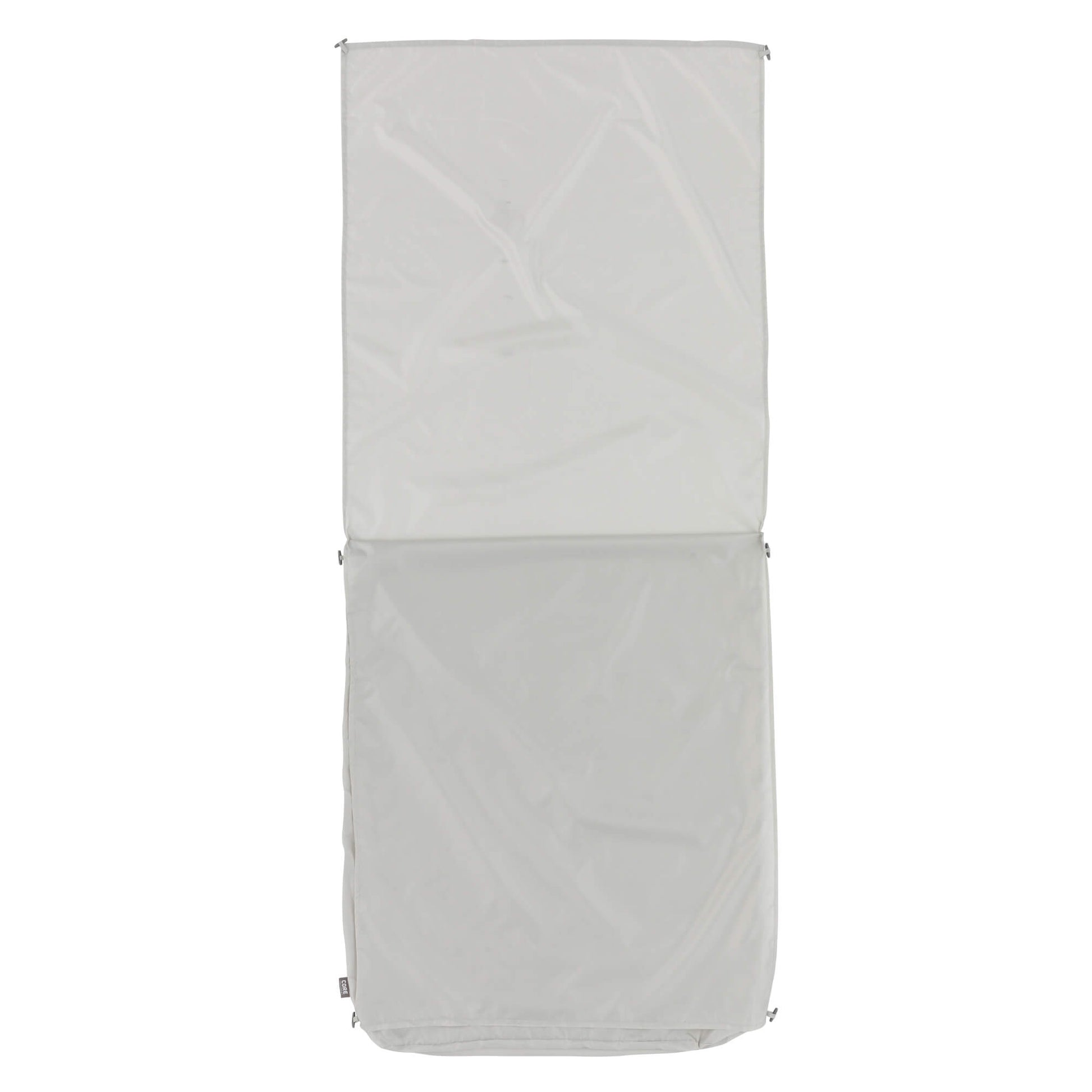 Light gray sleeping bag liner with top half folded down.
