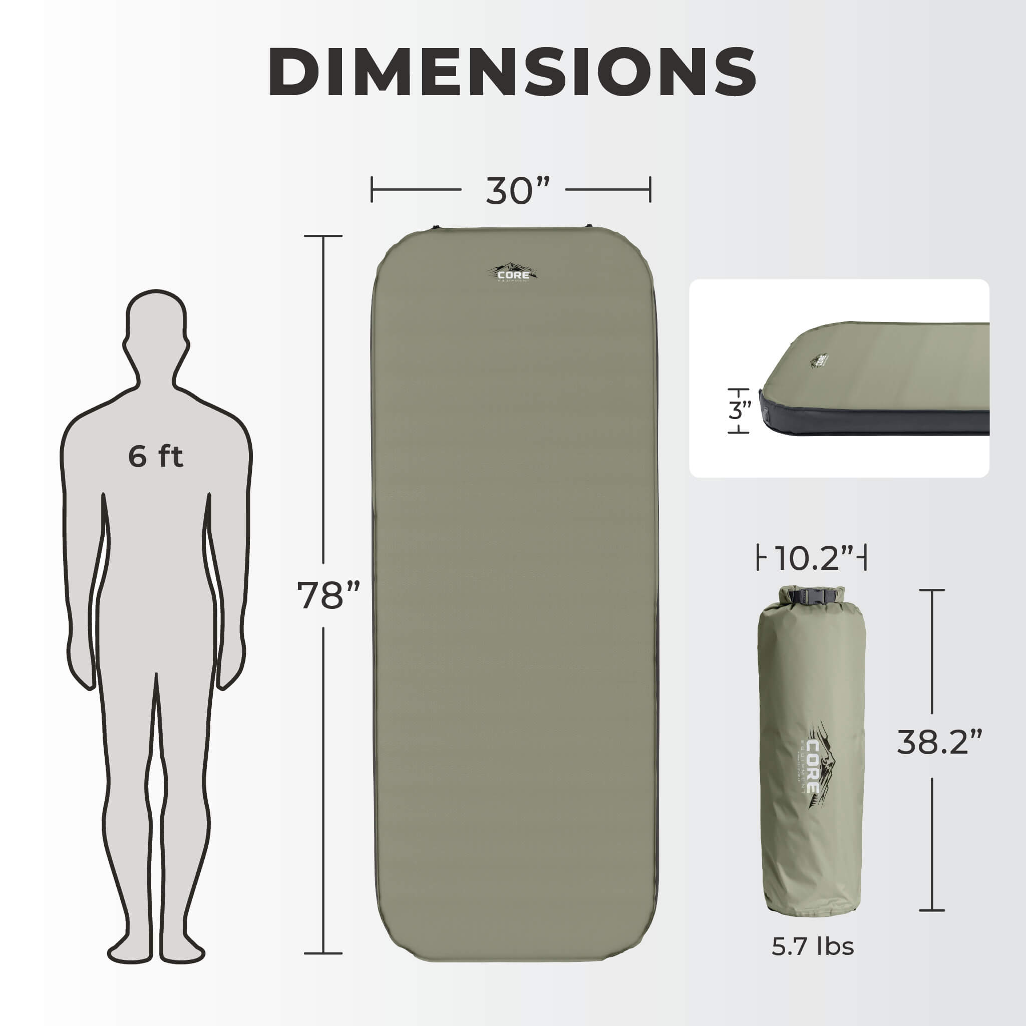 Dimensions of CORE XL self-inflating camp bed: 78 x 30 x 3 inches, weighs 5.7 pounds.