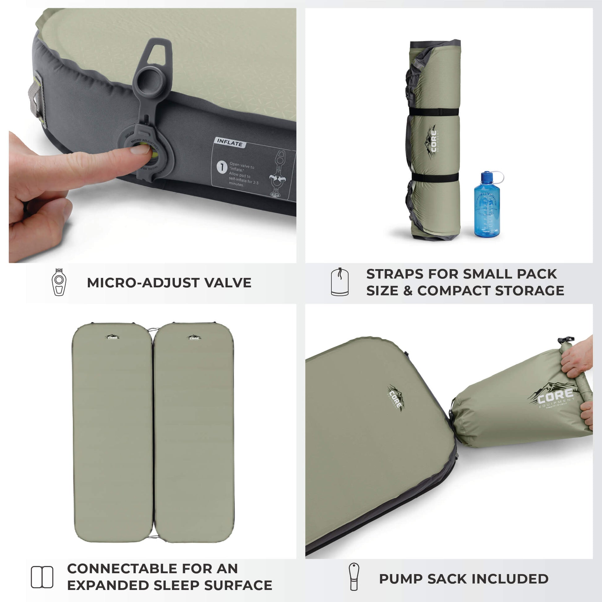 Details of the CORE XL self-inflating camp bed with valve, straps, and connectable pads.