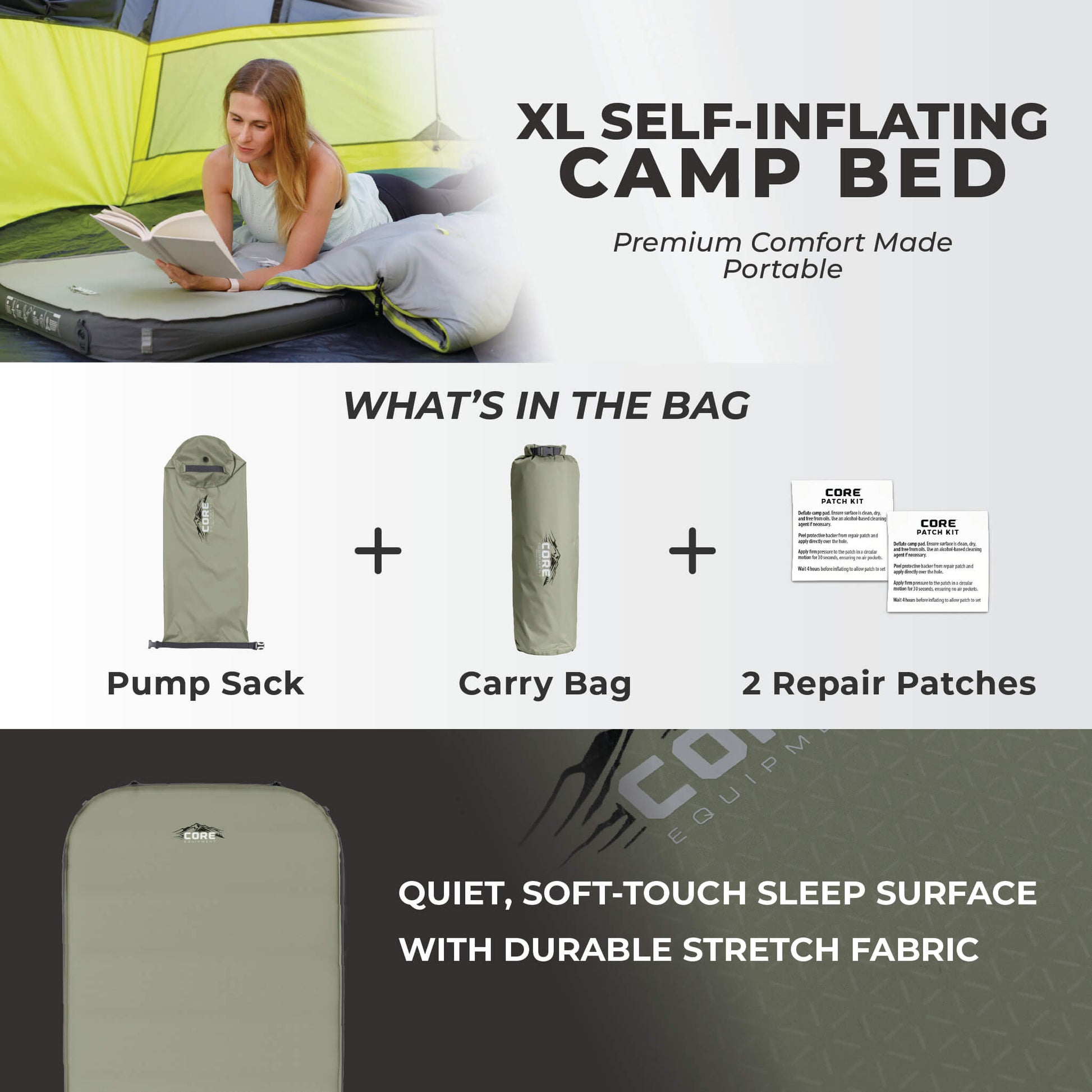 CORE XL self-inflating camp bed with pump sack, carry bag, and repair patches. Features soft-touch stretch fabric.