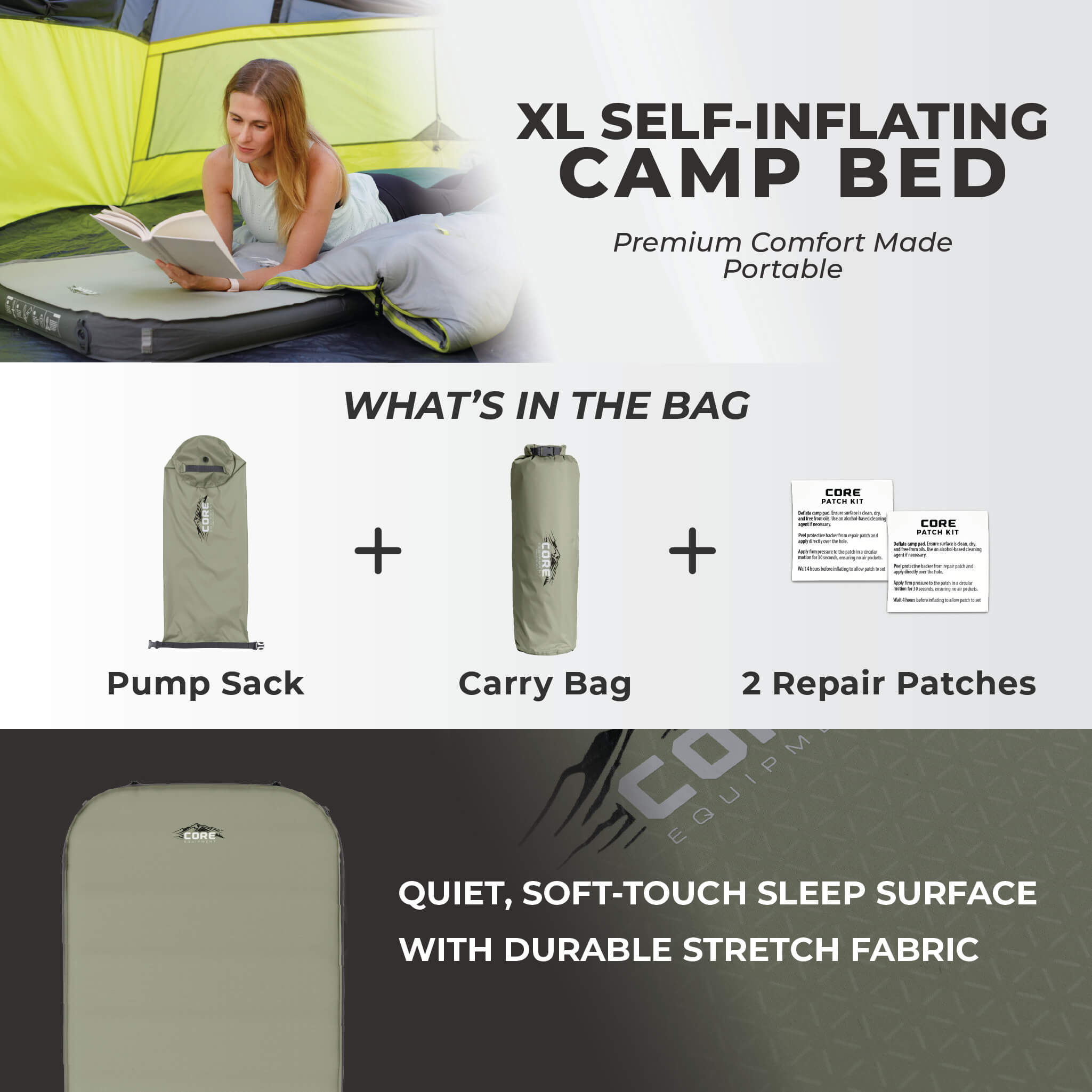 CORE XL self-inflating camp bed with pump sack, carry bag, and repair patches. Features soft-touch stretch fabric.