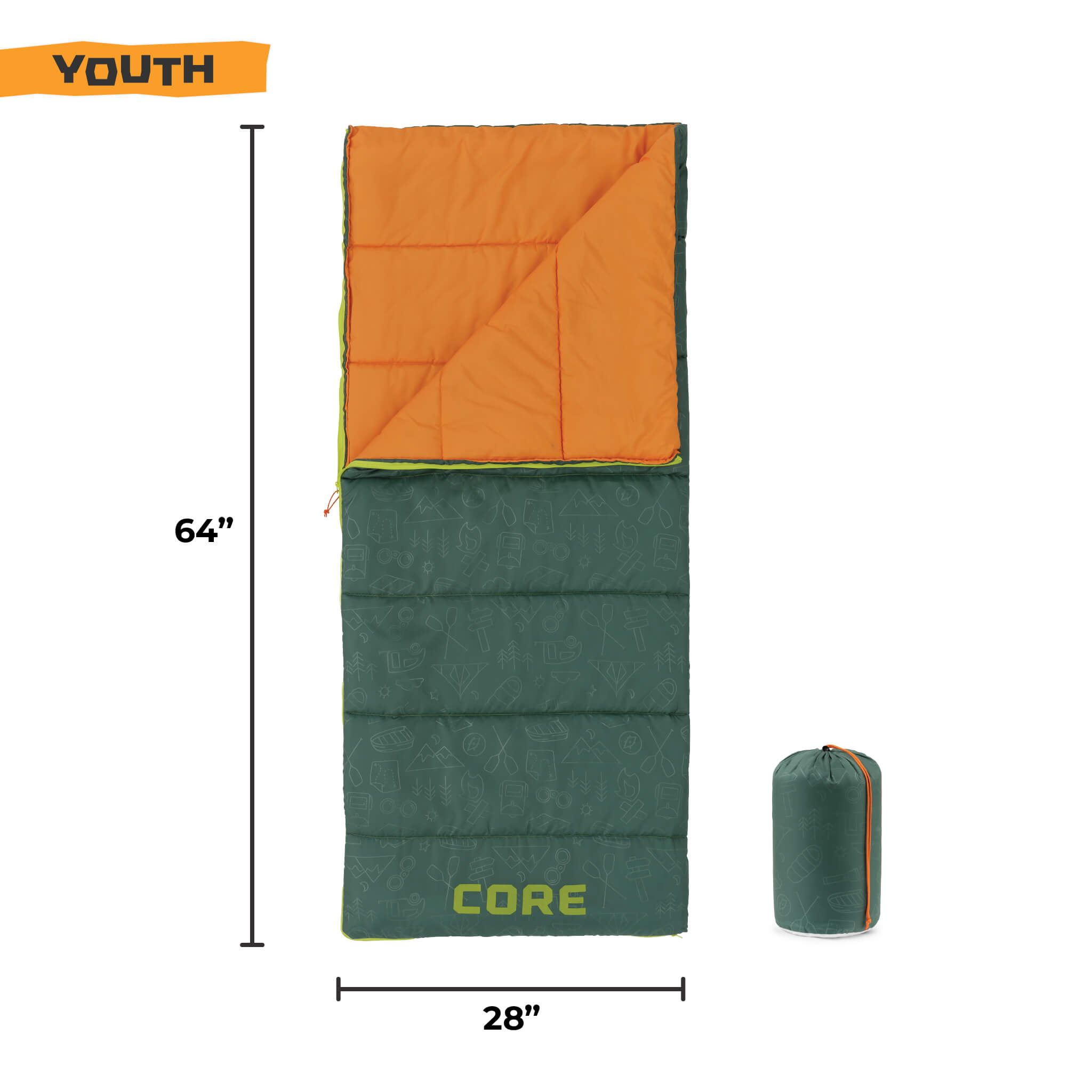 CORE Youth 50 Degree sleeping bag dimensions, 64 inches long by 28 inches wide.