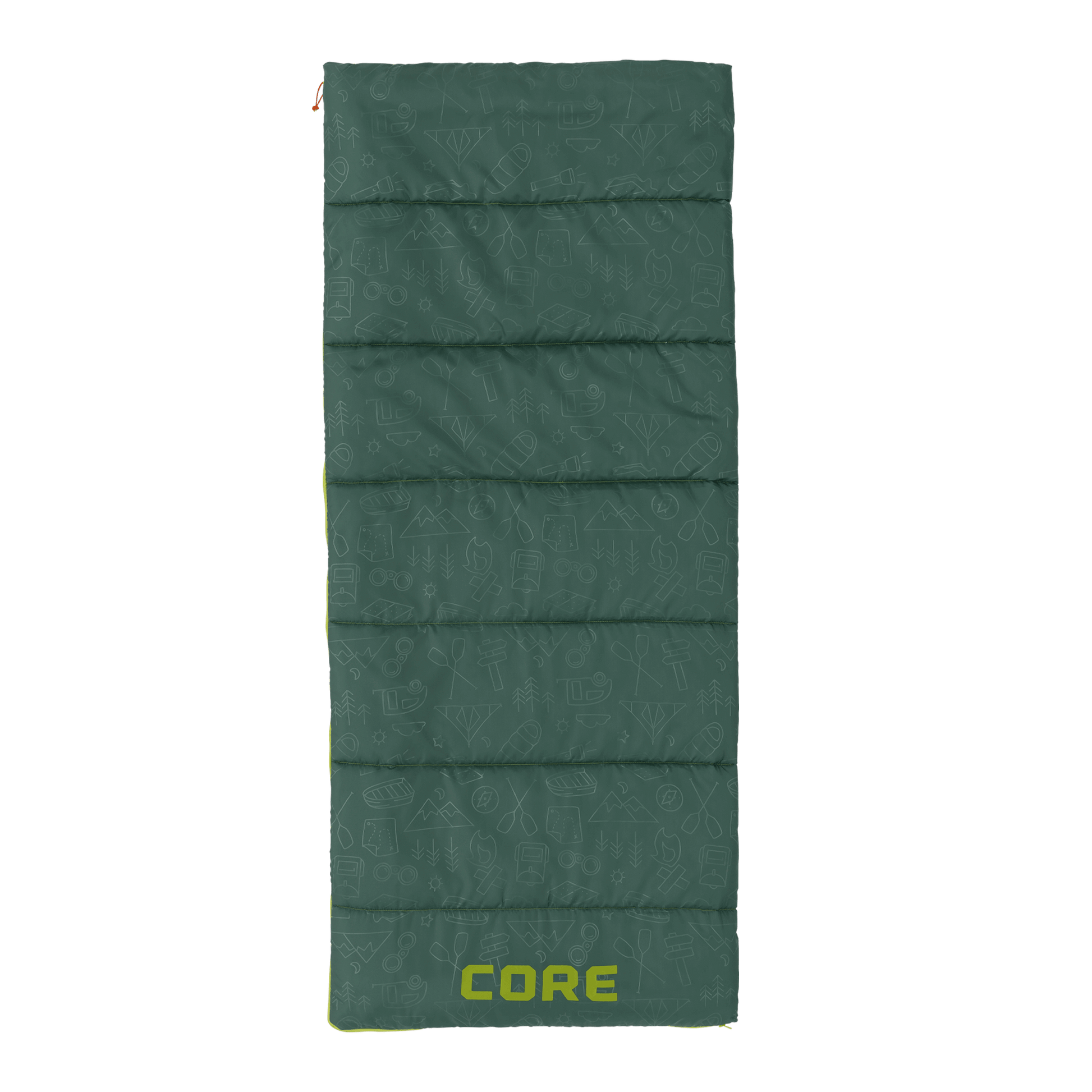 CORE Youth 50 Degree sleeping bag with camping pattern in green with logo at the bottom.