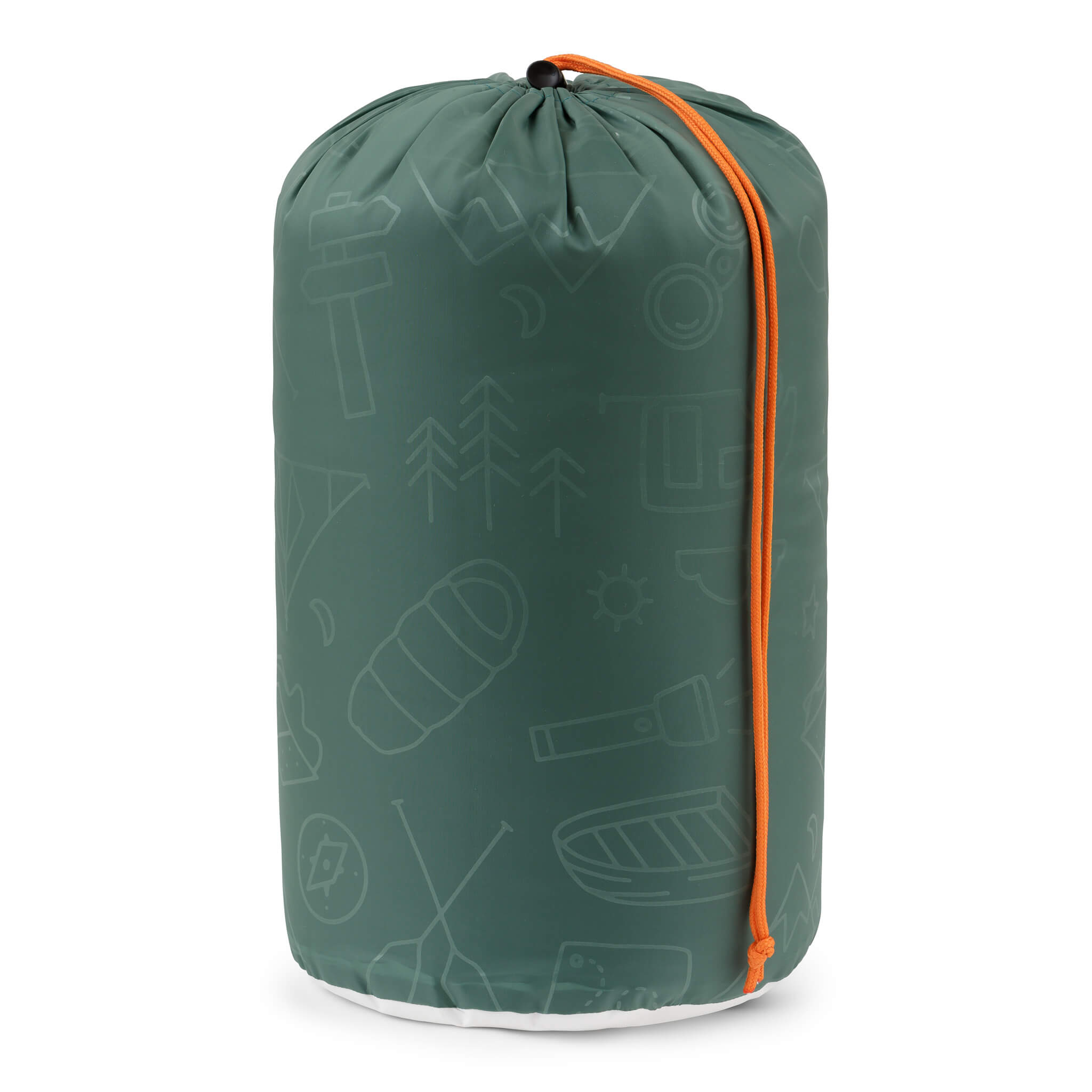 CORE Youth 50 Degree sleeping bag packed into green stuff sack with orange drawcord.