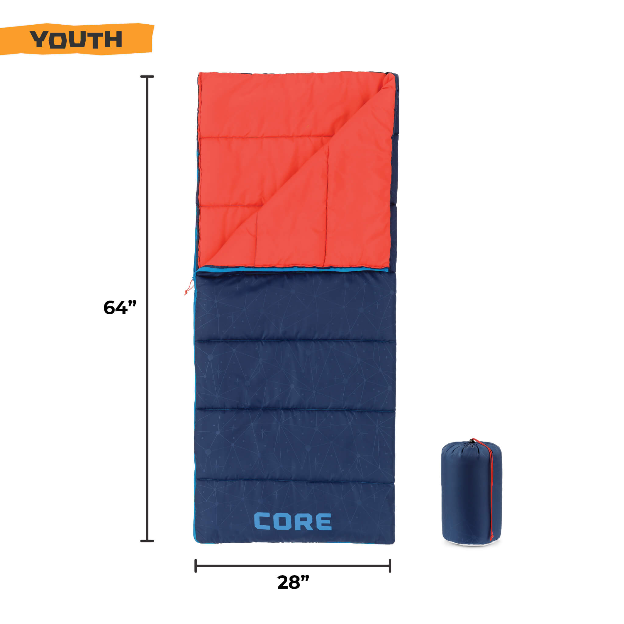 CORE Youth 50 Degree sleeping bag dimensions, 64 inches long by 28 inches wide.