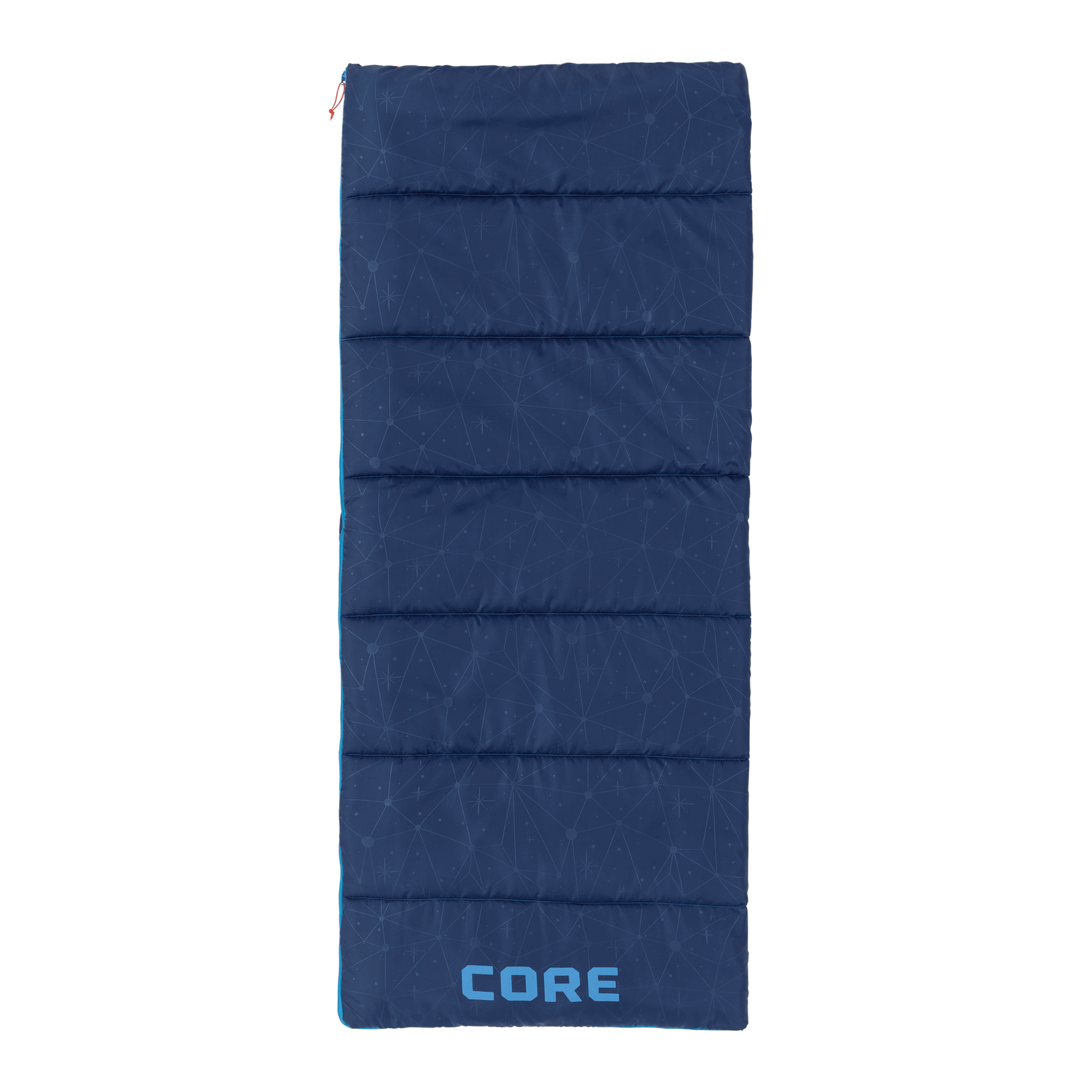 CORE Youth 50 Degree sleeping bag with galaxy pattern in blue with logo at the bottom.