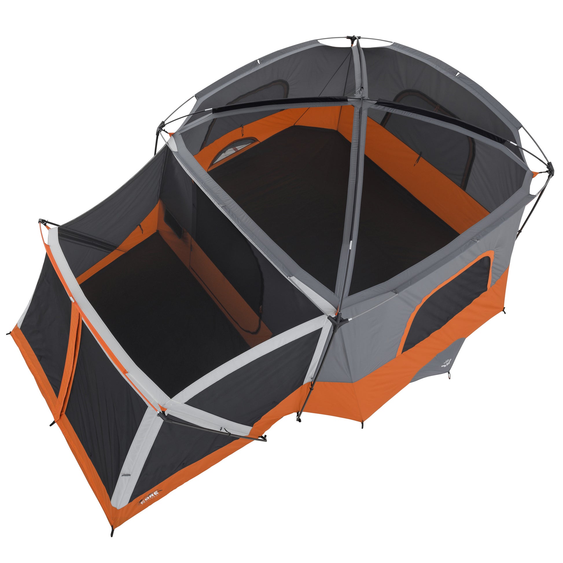 A picture of a large, high-ceilinged tent with multiple sections. It has orange and gray fabric with black mesh windows and doors. The tent's structure is supported by a series of poles, creating a spacious and separated interior layout. This is the CORE 11 Person Cabin Tent with Screen Room.