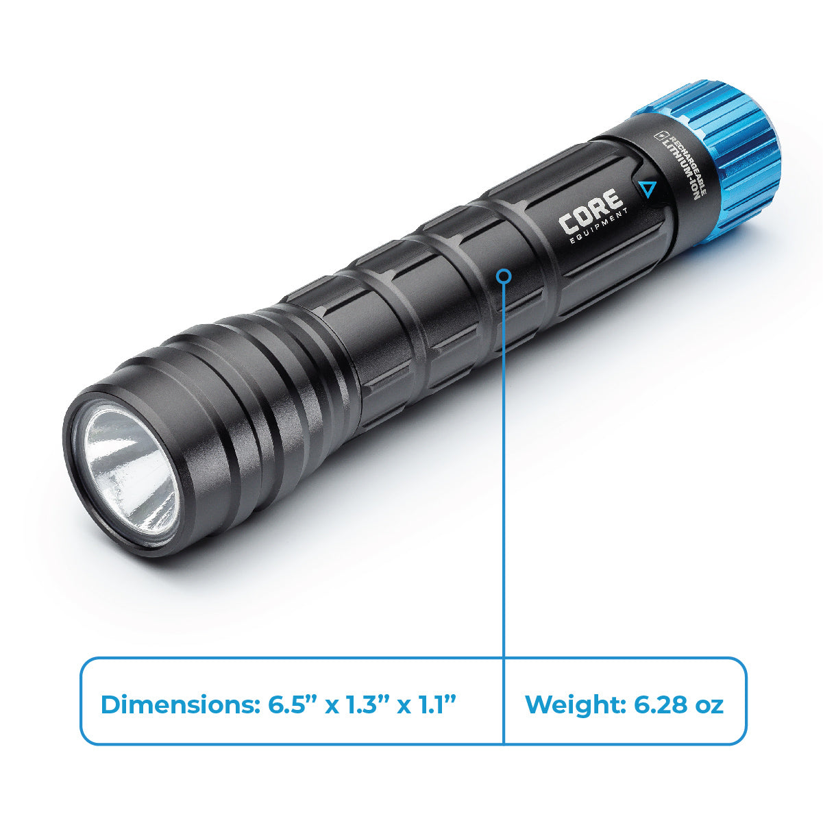 CORE 1000 lumen rechargeable flashlight showing the dimensions.