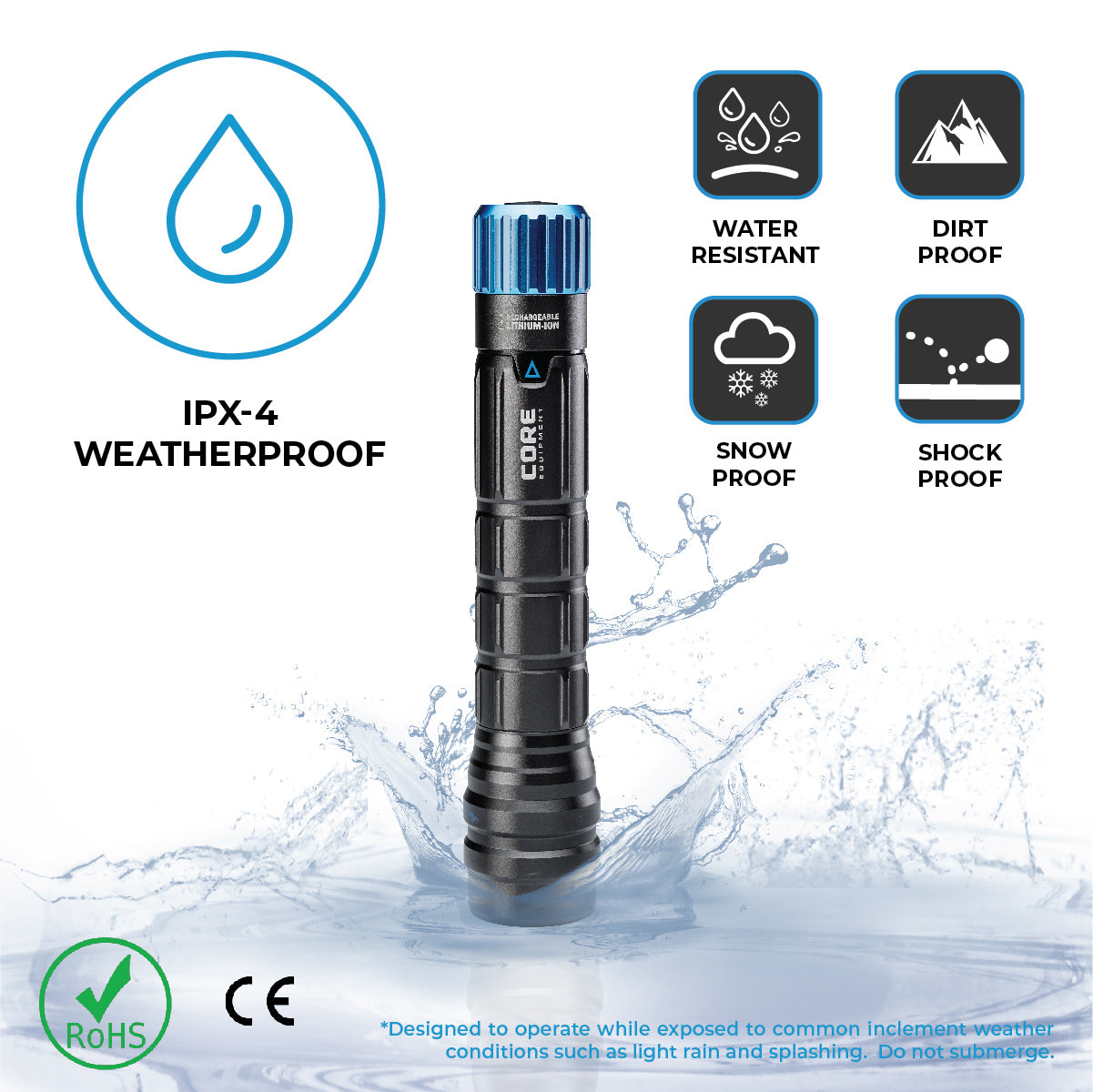 CORE 1000 lumen rechargeable flashlight showing the IPX4 features.