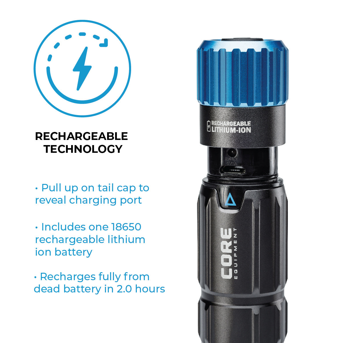 CORE 1000 lumen rechargeable flashlight showing the rechargeable technology features.