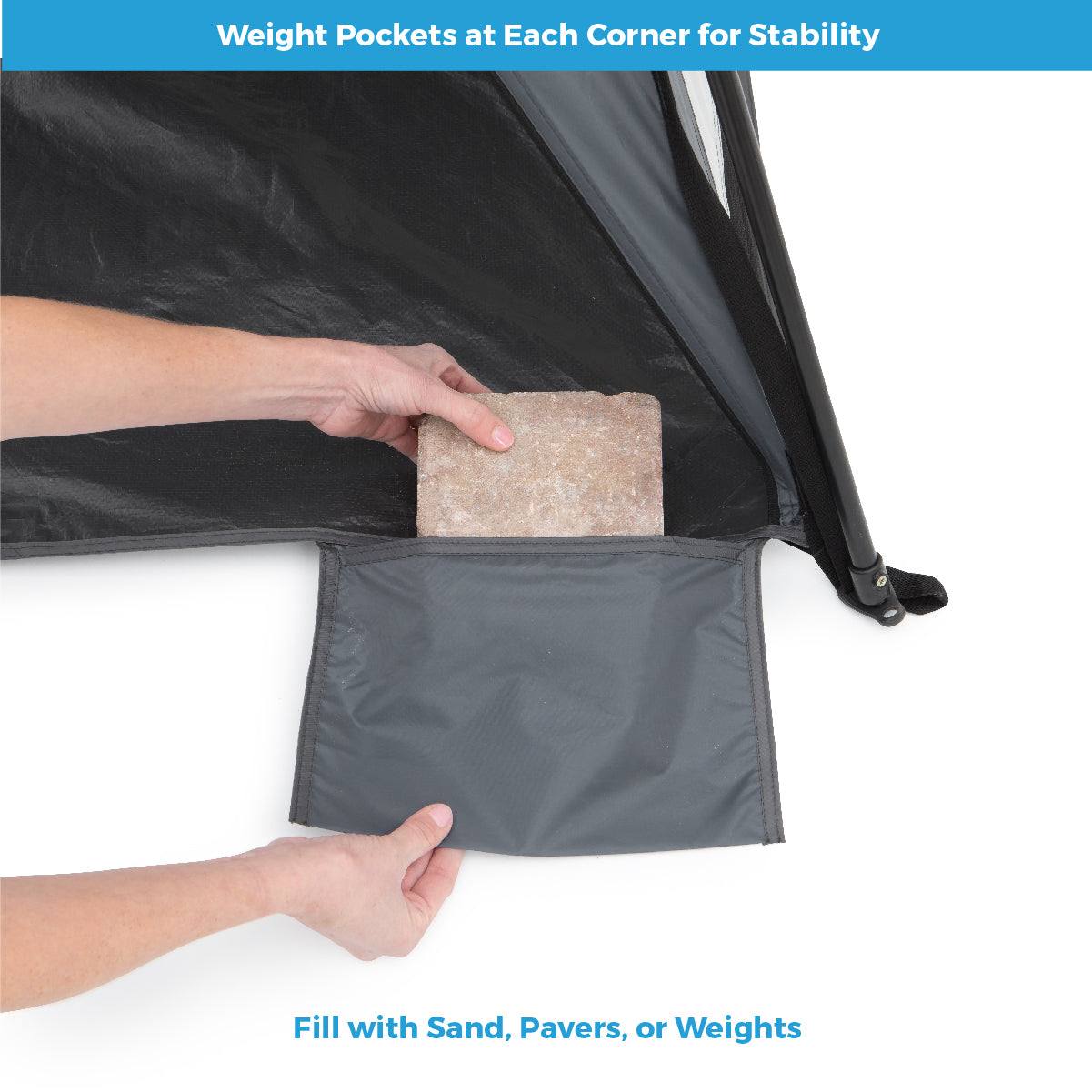 8x8 instant sun shade showing a paver in the corner pocket as a weight.