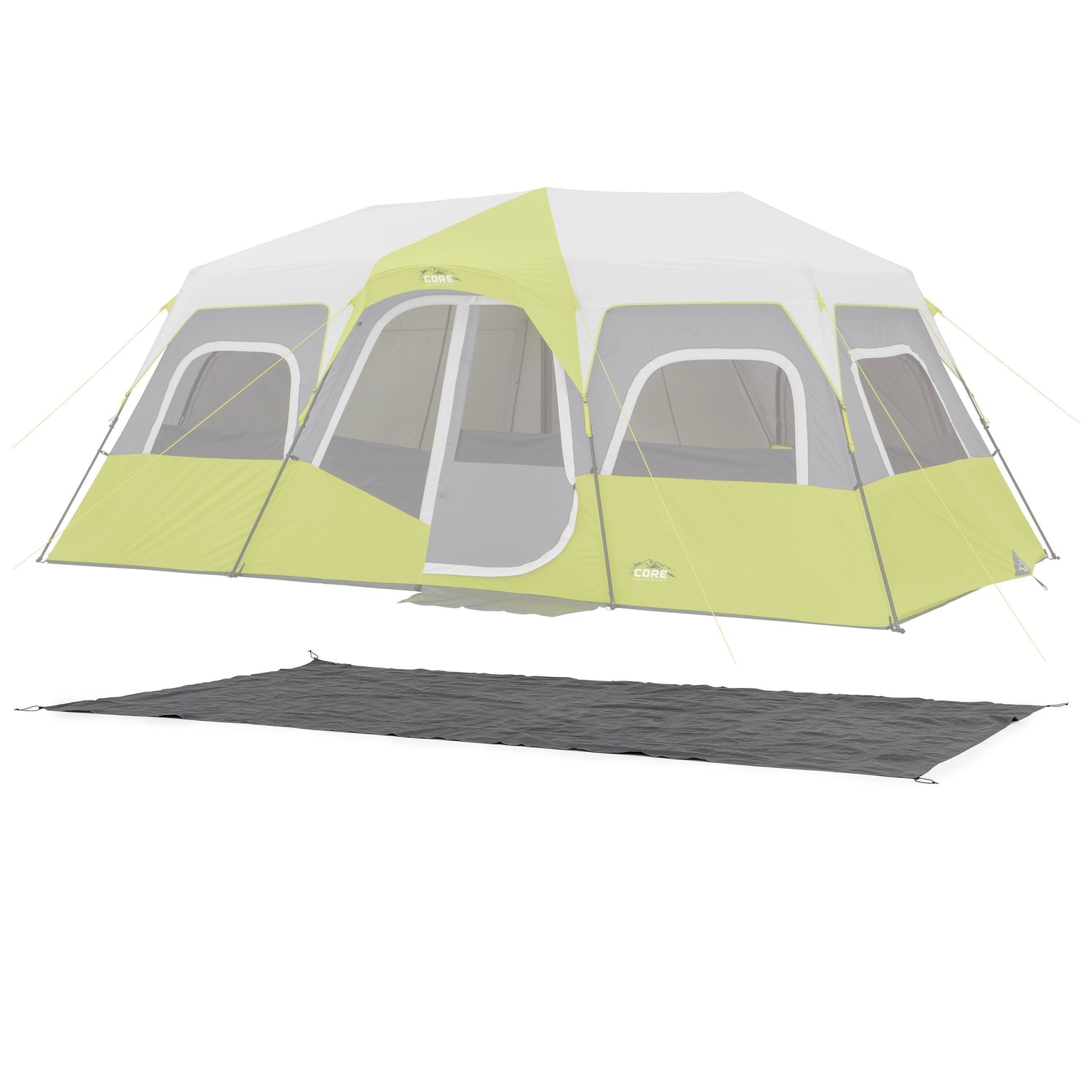 A camping tent footprint laid flat beneath a CORE 12 Person Instant Cabin Tent