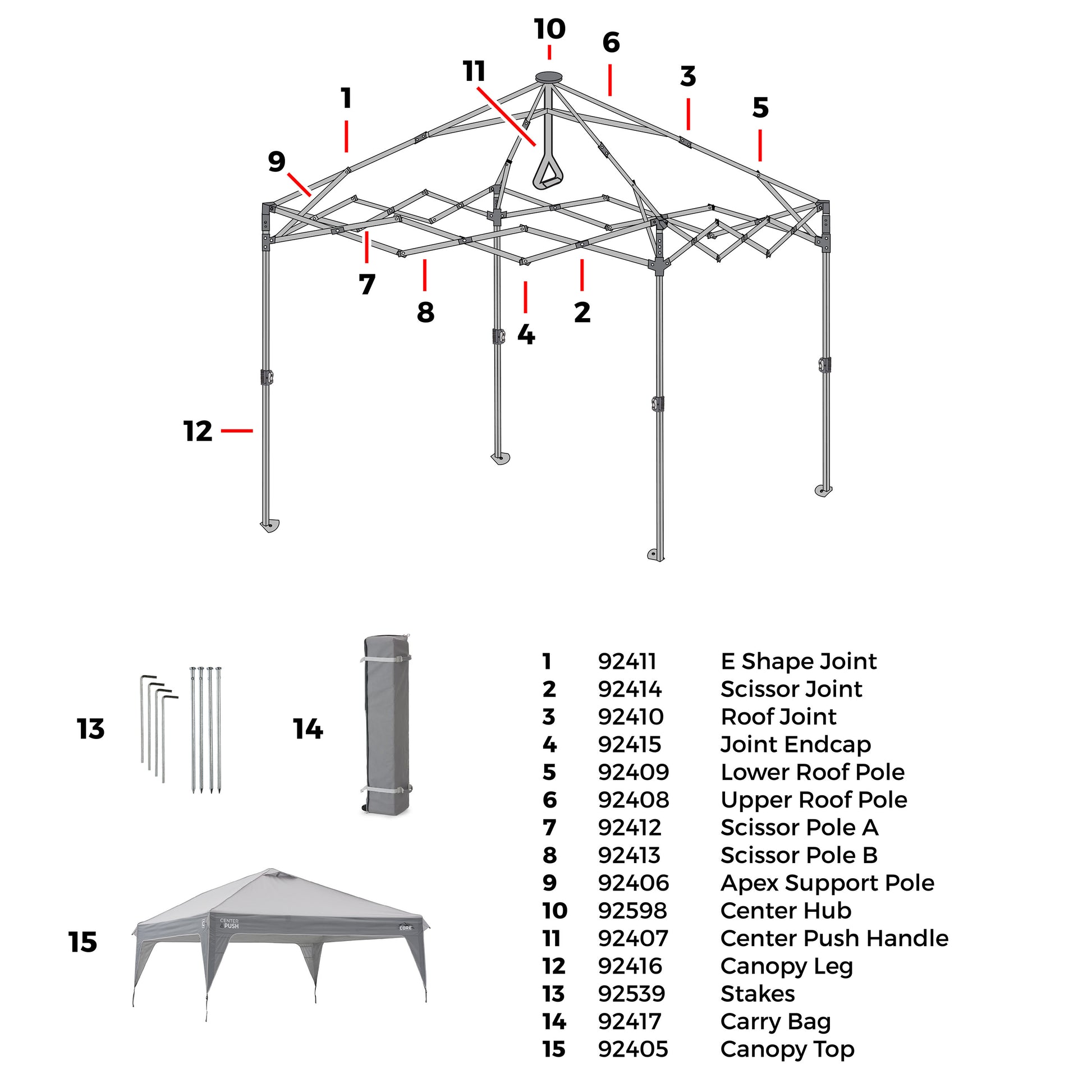 Diagram of a 10x10 canopy structure with labeled parts and corresponding repair part numbers.