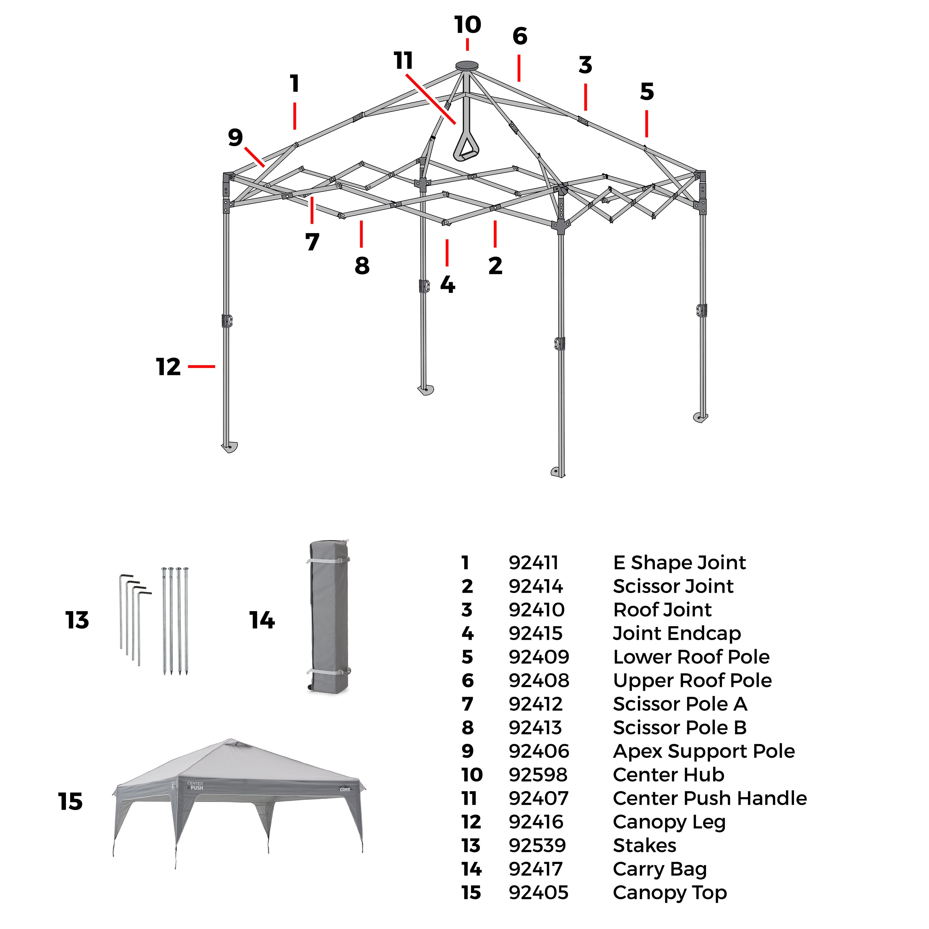 Diagram of a 10x10 canopy structure with labeled parts and corresponding repair part numbers.