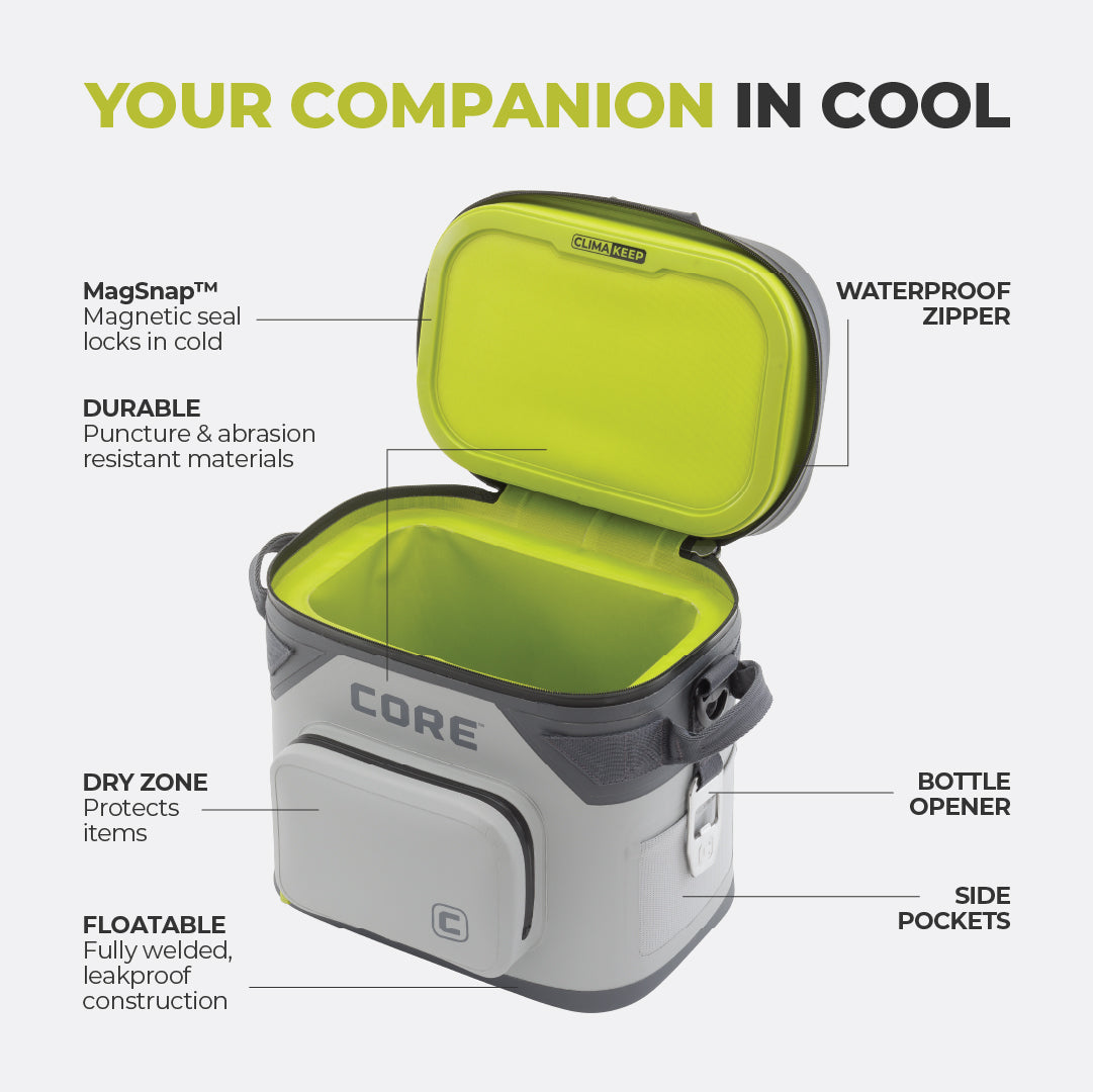 A grey and green CORE 12 can soft cooler with open lid is shown—ideal for camping, featuring MagSnap seal, waterproof zipper, durable build, dry zone storage, floatable design, bottle opener, and side pockets.