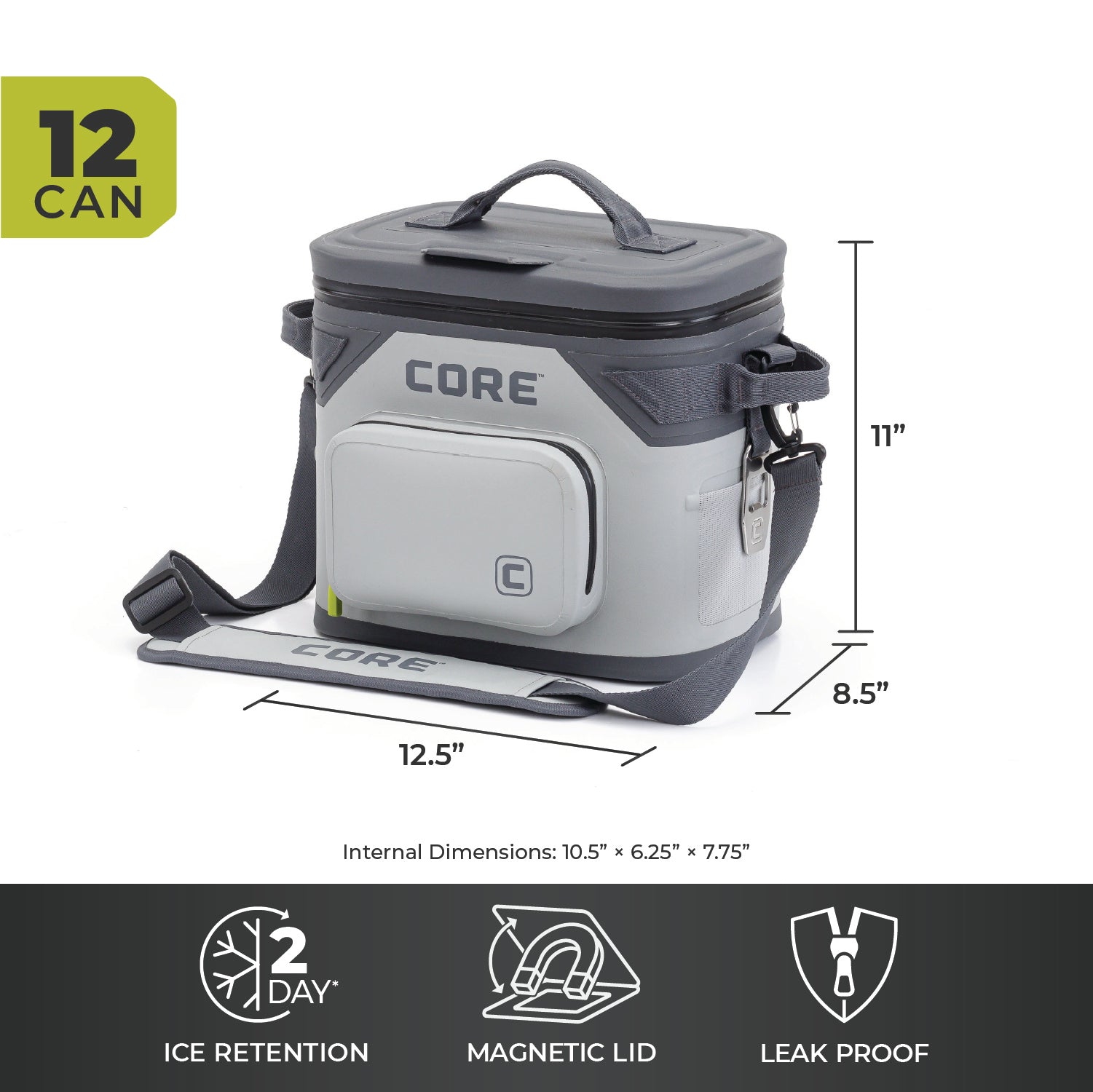 Image of a CORE Magnetic 12 Can Soft Cooler with a shoulder strap. The cooler's dimensions are displayed as 11 inches tall, 12.5 inches wide, and 8.5 inches deep. Features shown include ice retention for up to 2 days, a magnetic lid, and being leak-proof. It can hold 12 cans.