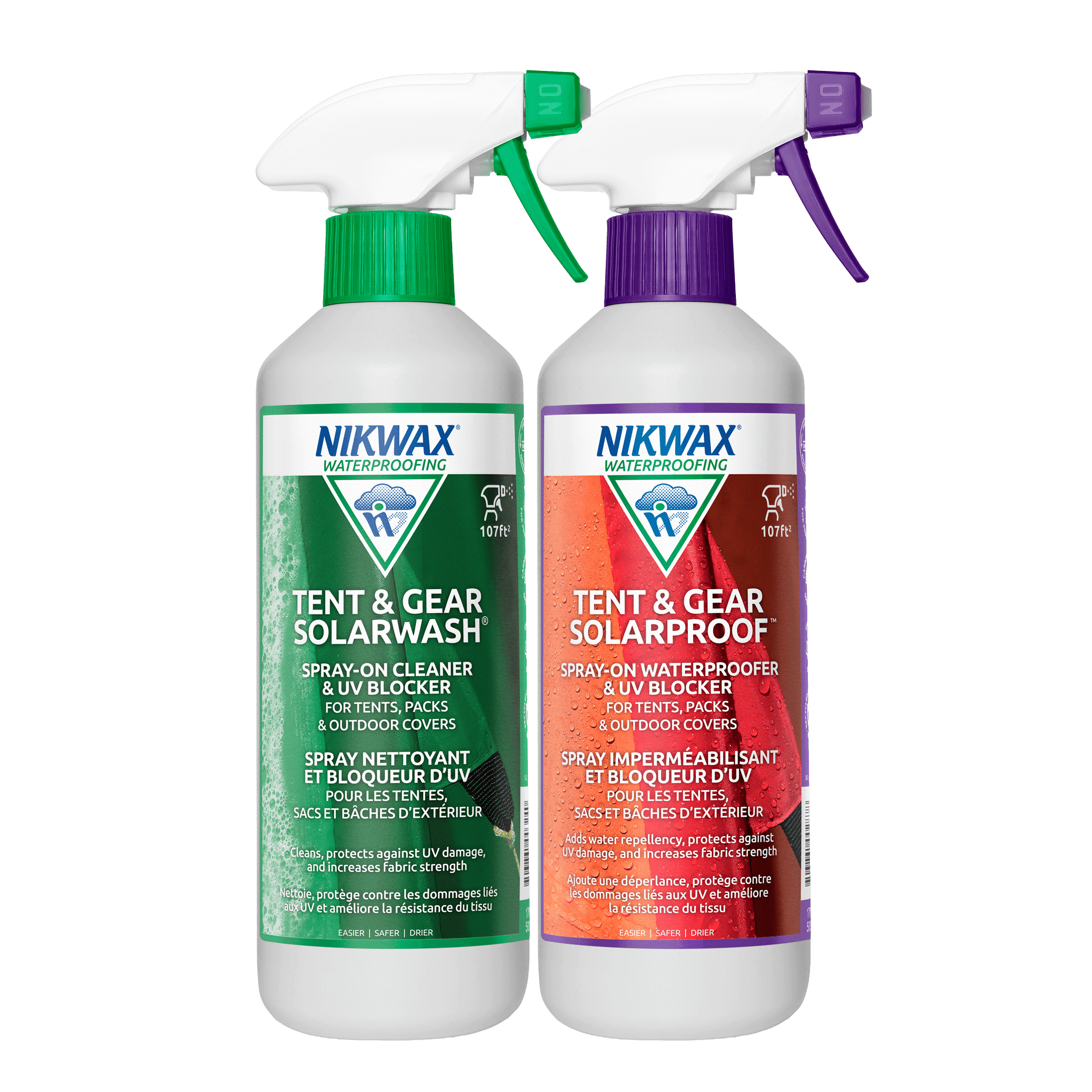 Nikwax Tent and Gear SolarWash and SolarProof bottles side by side