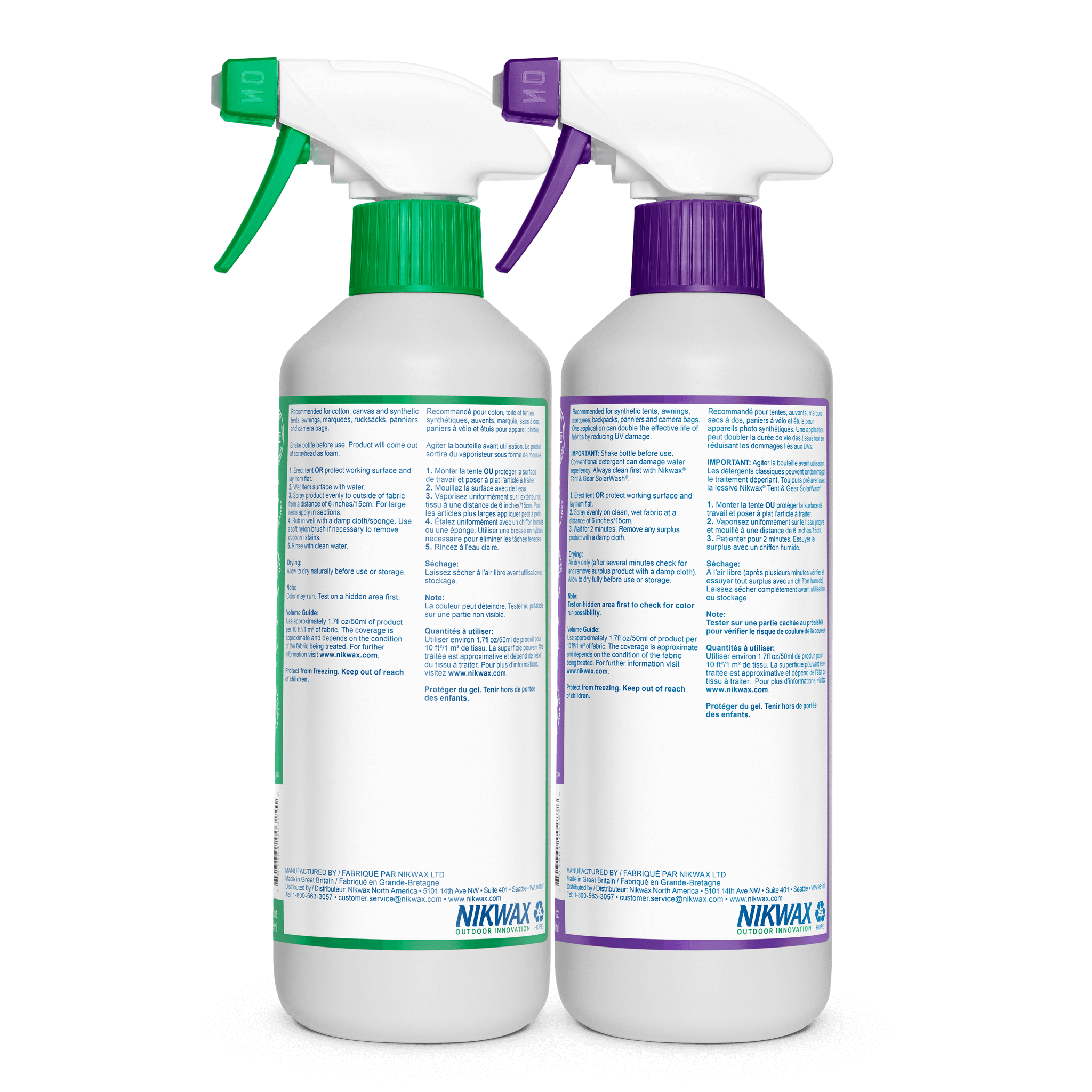 Two Nikwax spray bottles with green and purple nozzles on a black background