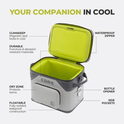 Image of a Magnetic 18 Can Soft Cooler with a bright green interior. The cooler is open, and various features are highlighted: ClimaKeep magnetic seal, waterproof zipper, durable materials, dry zone, floatable construction, and bottle opener with side pockets. Text reads "Your Outdoor Companion in Cool." Ideal for camping adventures!