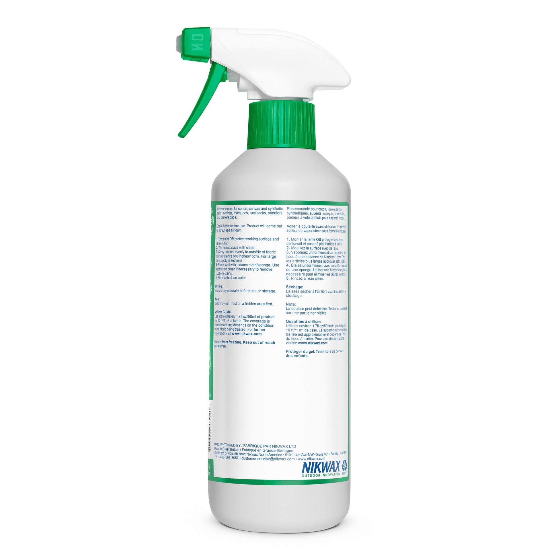 Nikwax Tent & Gear Solarwash spray bottle with green nozzle and white label