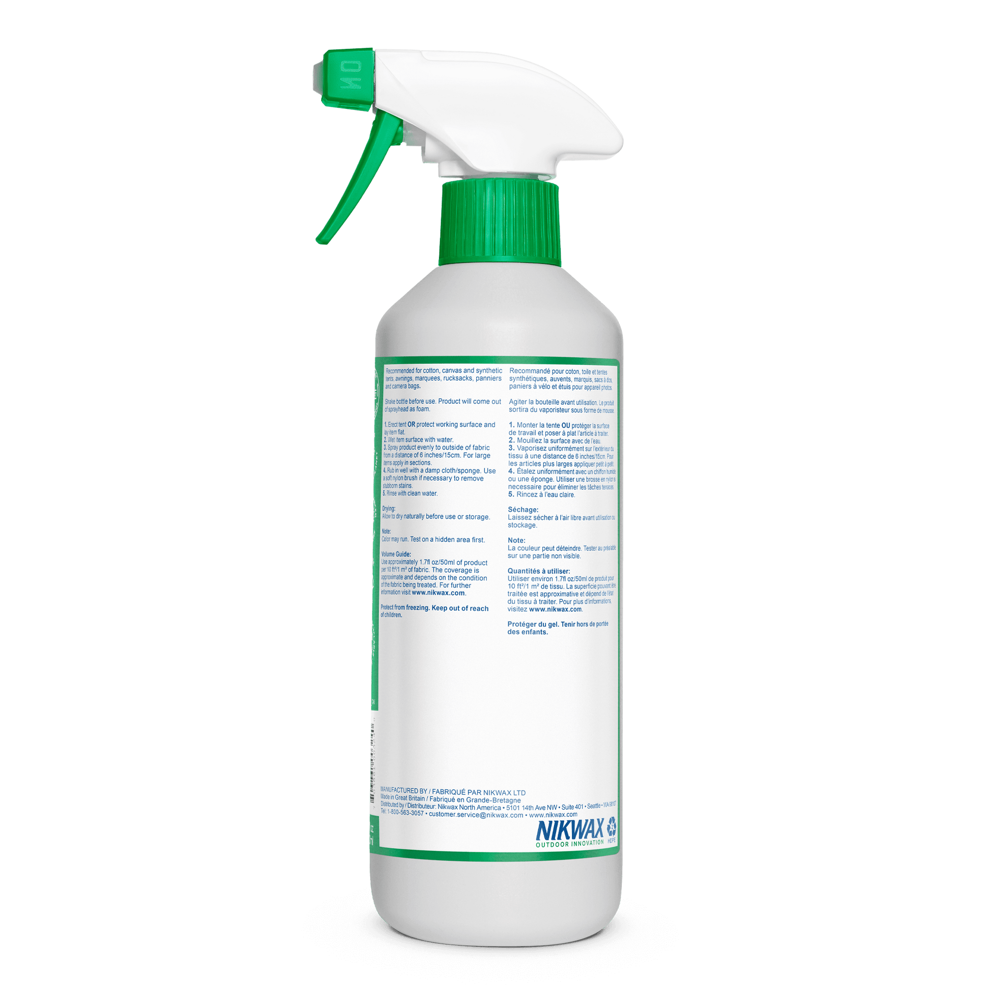 Nikwax Tent & Gear Solarwash spray bottle with green nozzle and white label