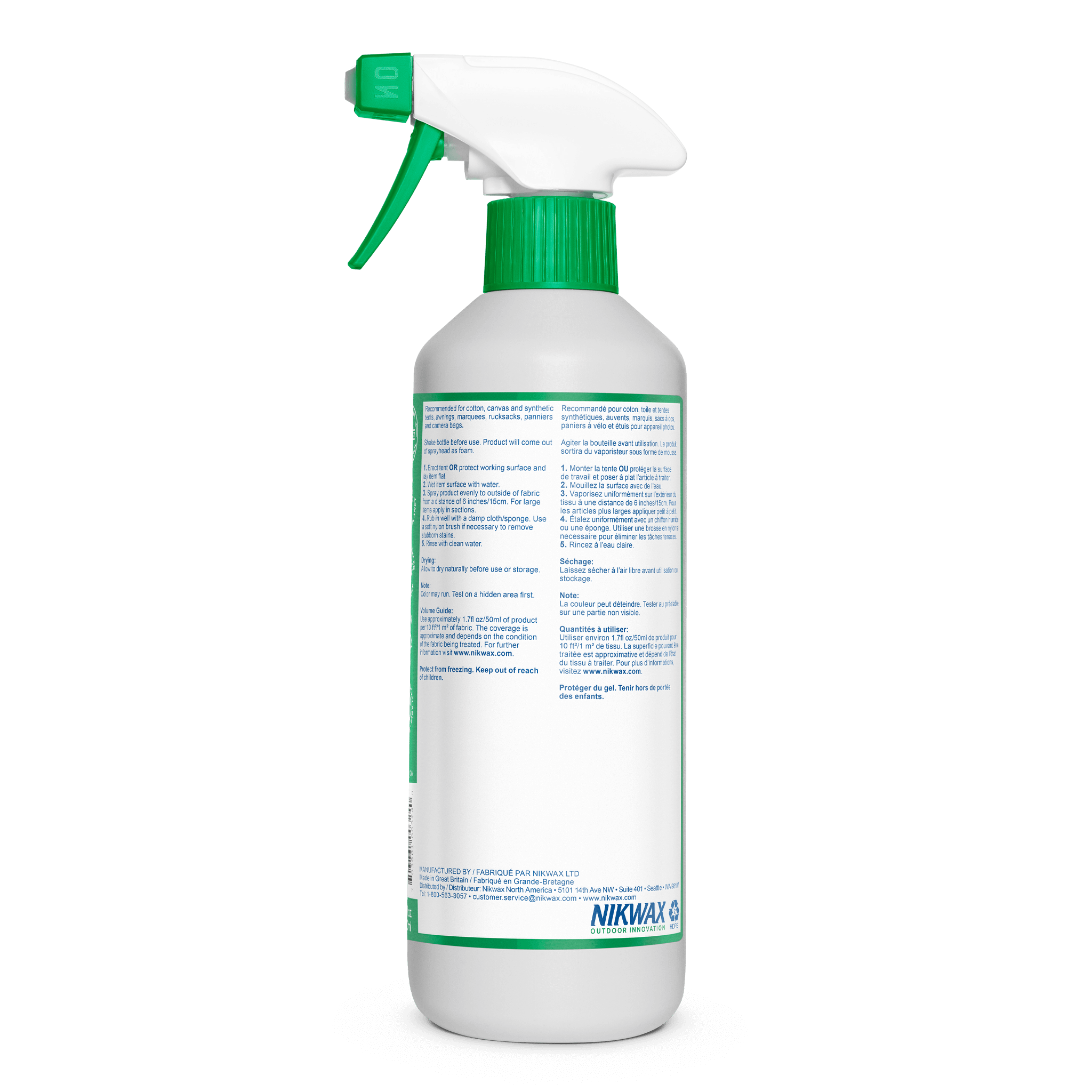 Nikwax Tent & Gear Solarwash spray bottle with green nozzle and white label