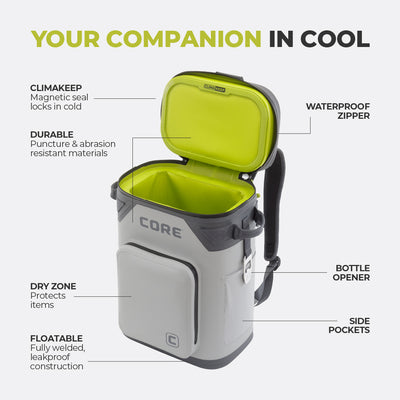 An image of a cooler labeled with features. The CORE Magnetic 24 Can Backpack Soft Cooler is open, showing a bright green interior. Features include a ClimaKeep magnetic seal, waterproof zipper, durable materials, dry zone, bottle opener, side pockets, and floatable leakproof construction. Text at the top reads "YOUR COMPANION IN COOL.