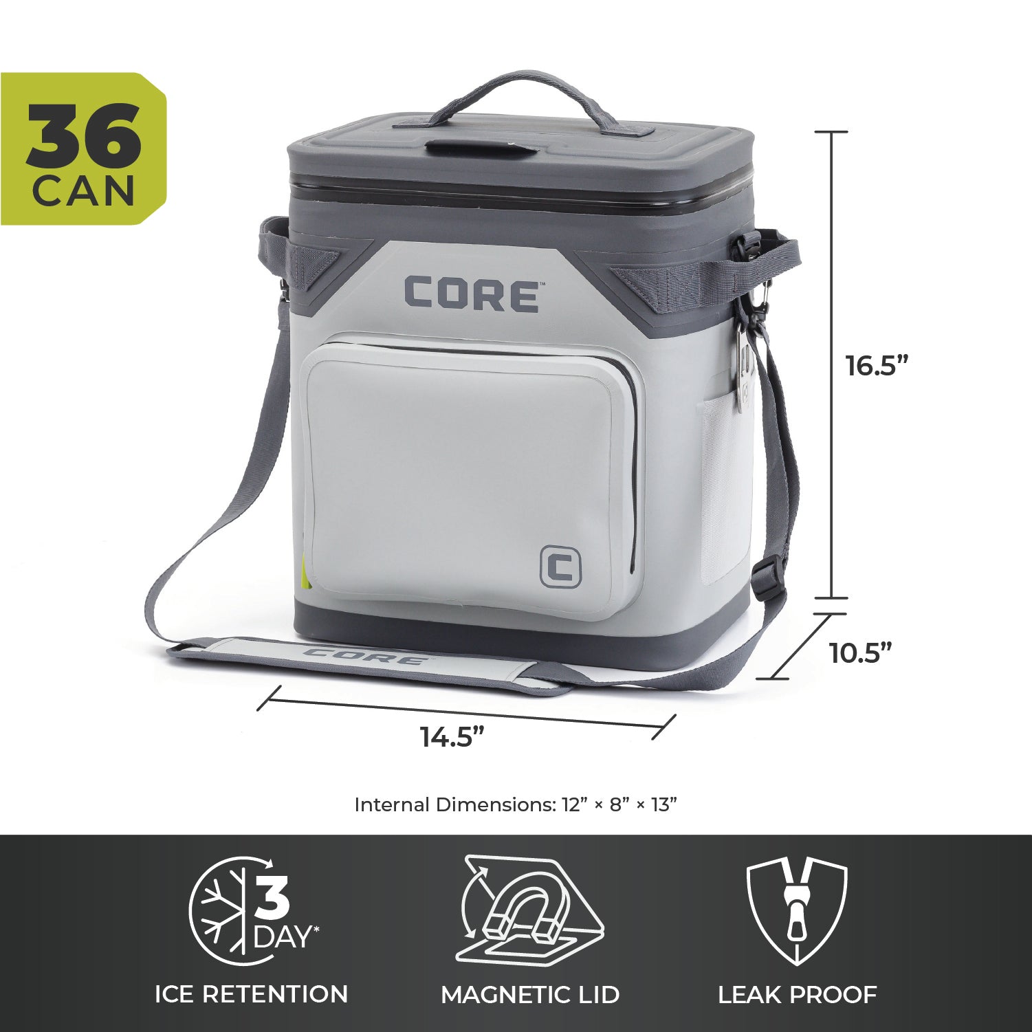 An image of a gray CORE Magnetic 36 Can Soft Cooler with a shoulder strap, front pocket, and magnetic lid. The bag is “16.5” inches high, “10.5” inches wide, and “14.5” inches long, holds 36 cans, and features 3-day ice retention and leak-proof design.