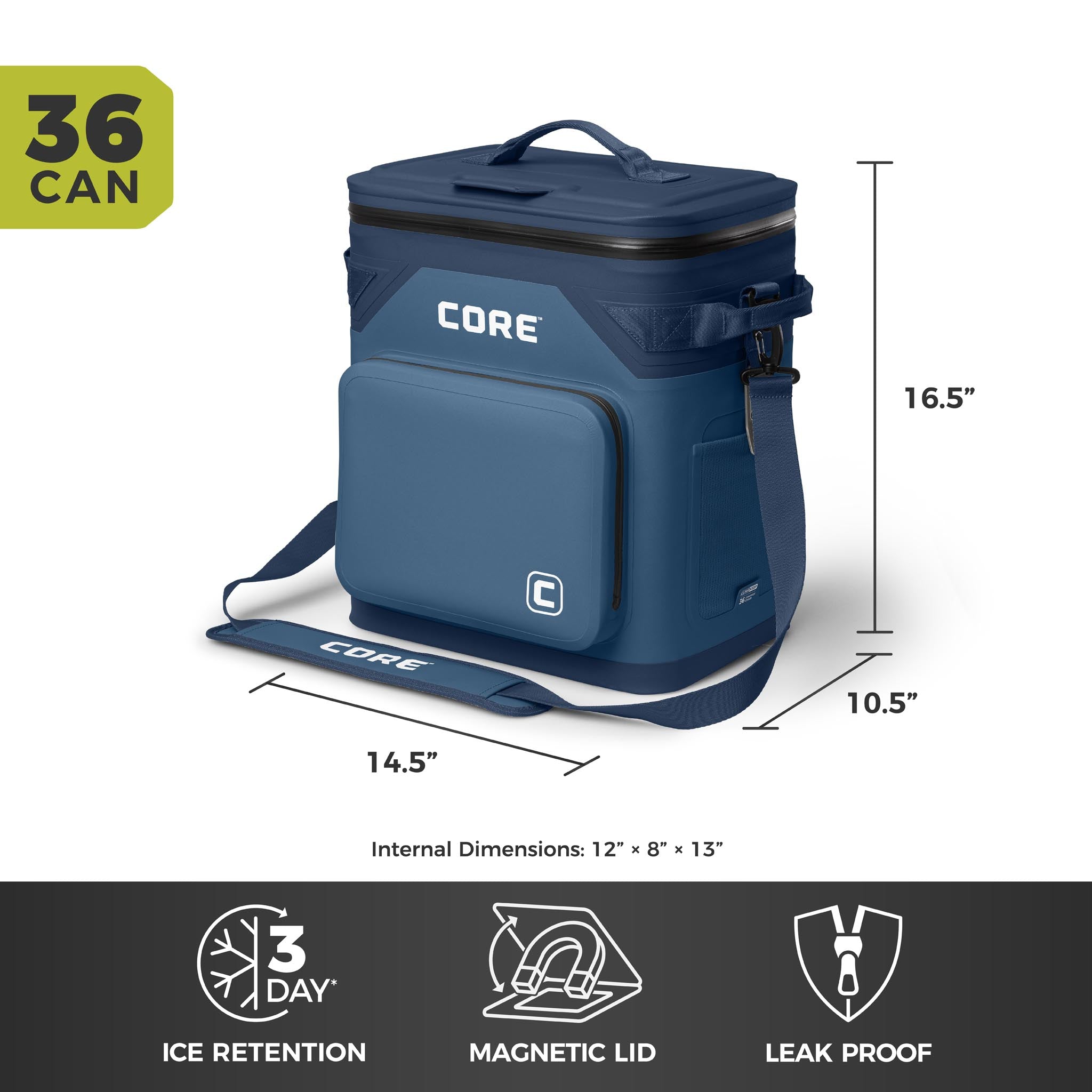 CORE Climakeep 36 can navy cooler, 16.5 x 14.5 x 10.5 in, with 3-day ice retention, magnetic lid, and leakproof design.