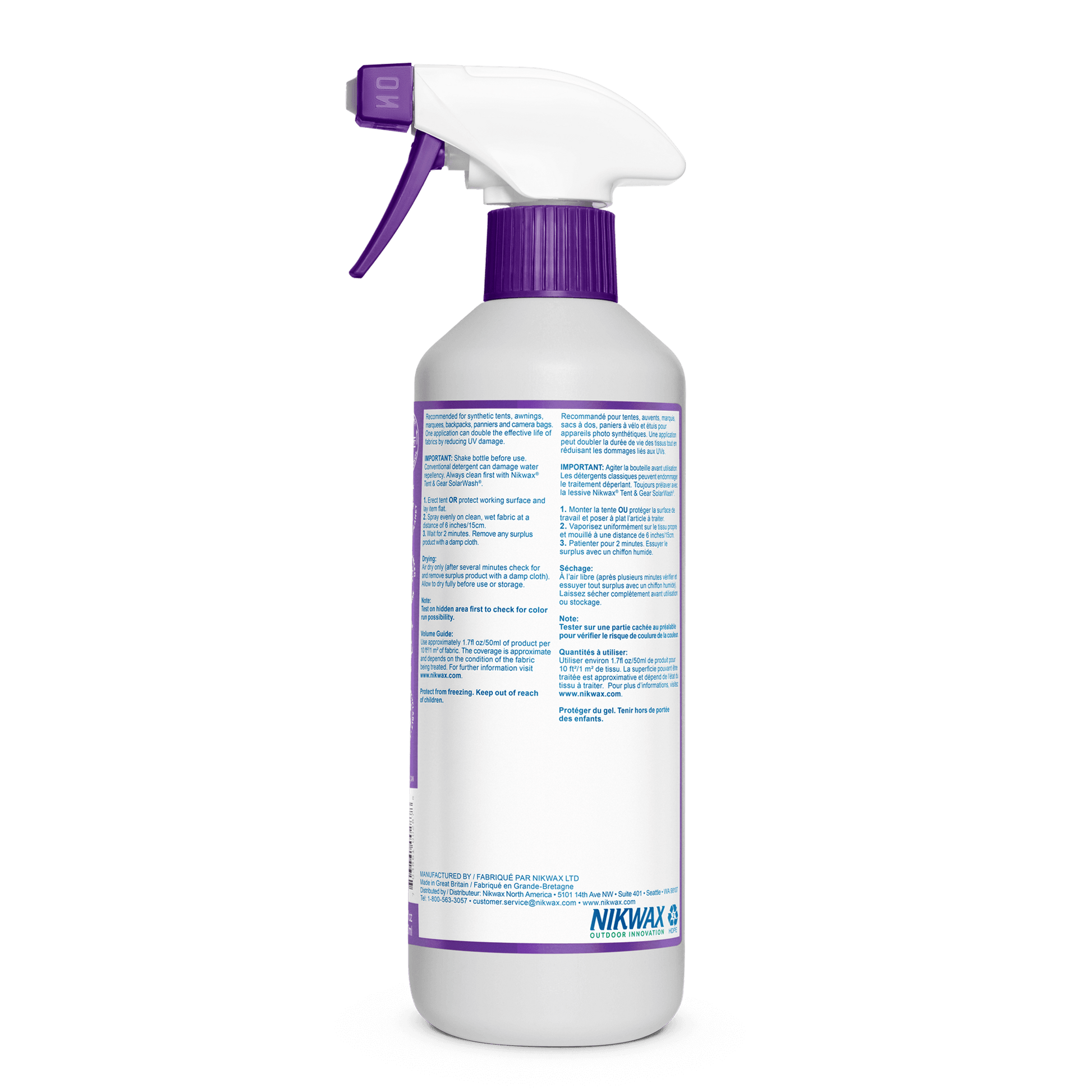 Nikwax Tent and gear SolarProof spray bottle with purple nozzle and label