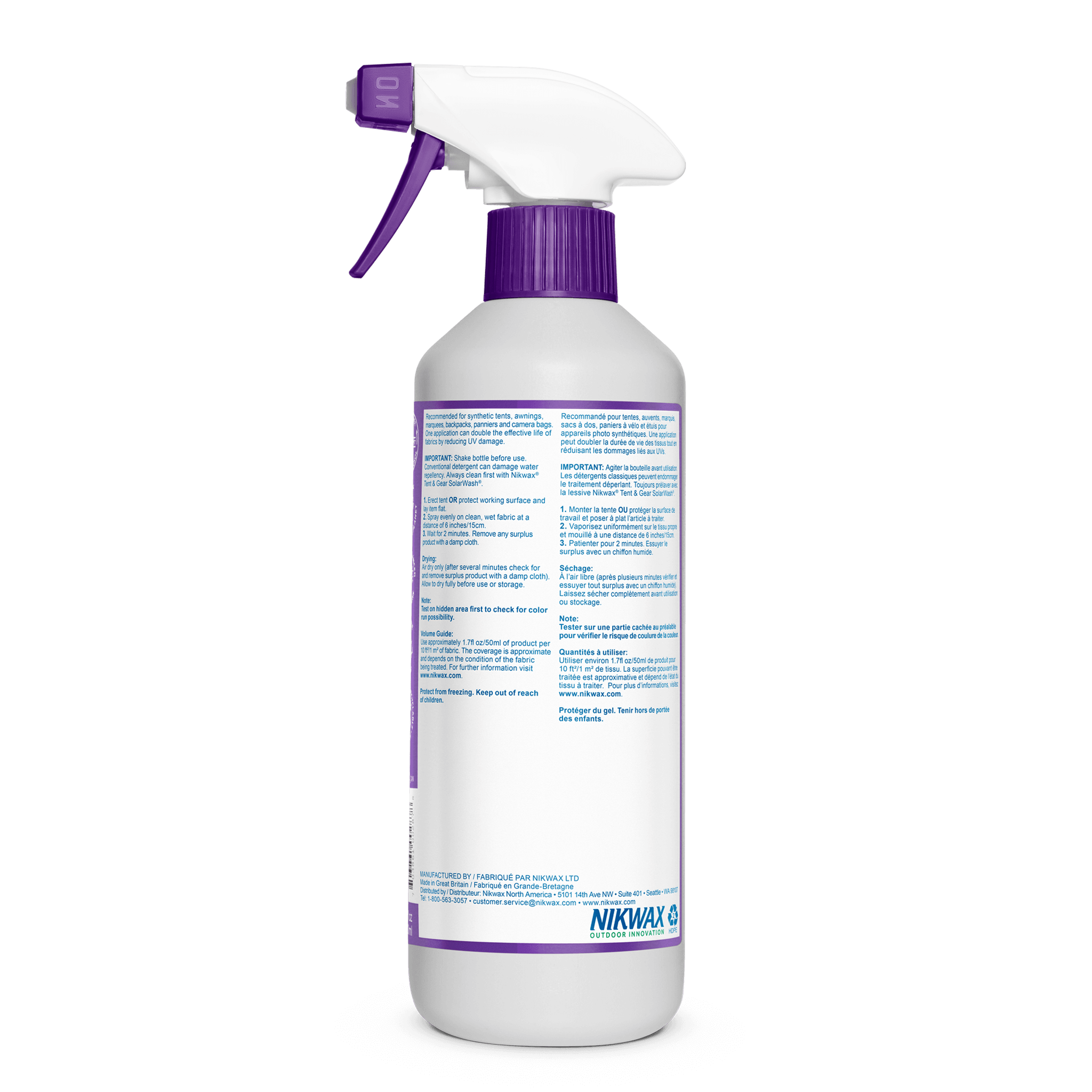 Nikwax Tent and gear SolarProof spray bottle with purple nozzle and label