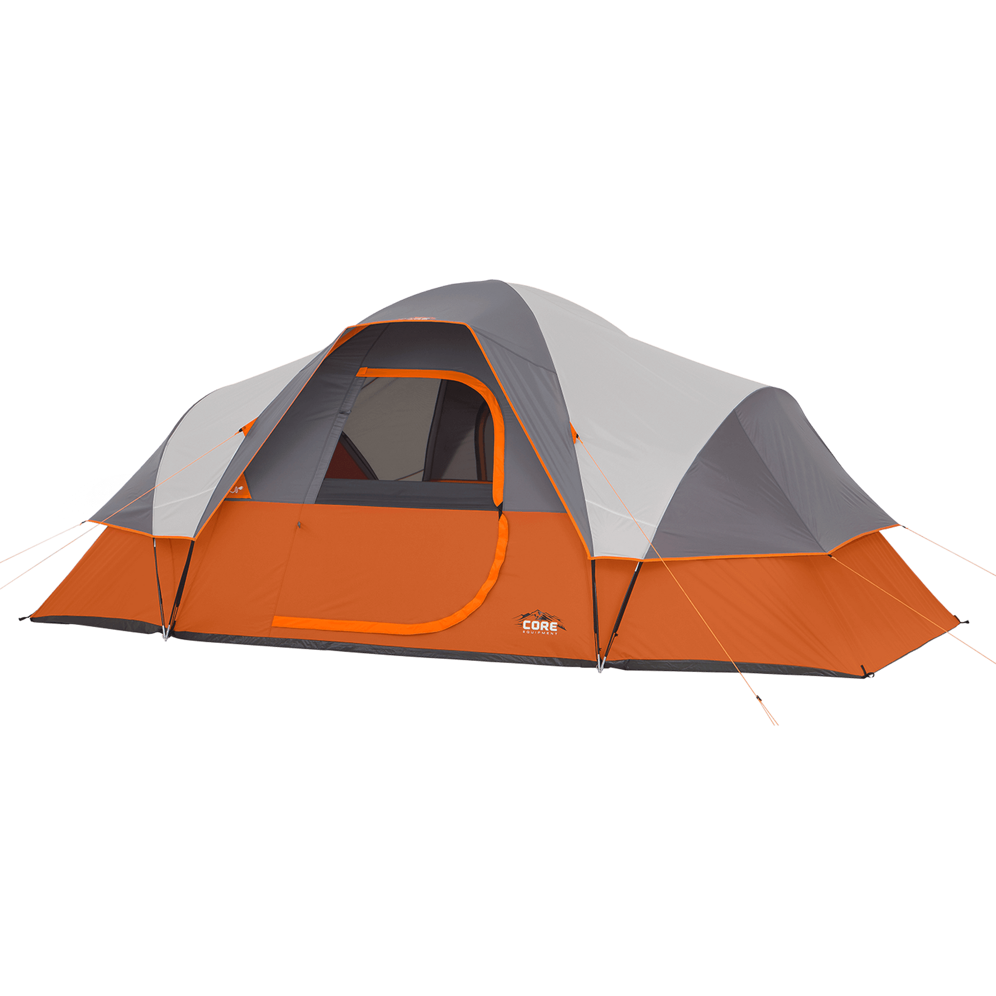 A large 9 Person Extended Dome Tent with an orange and grey color scheme. The tent has a zipper door in the middle, mesh windows, and several stakes and guy lines for securing it. The CORE logo is visible on the side of the tent.