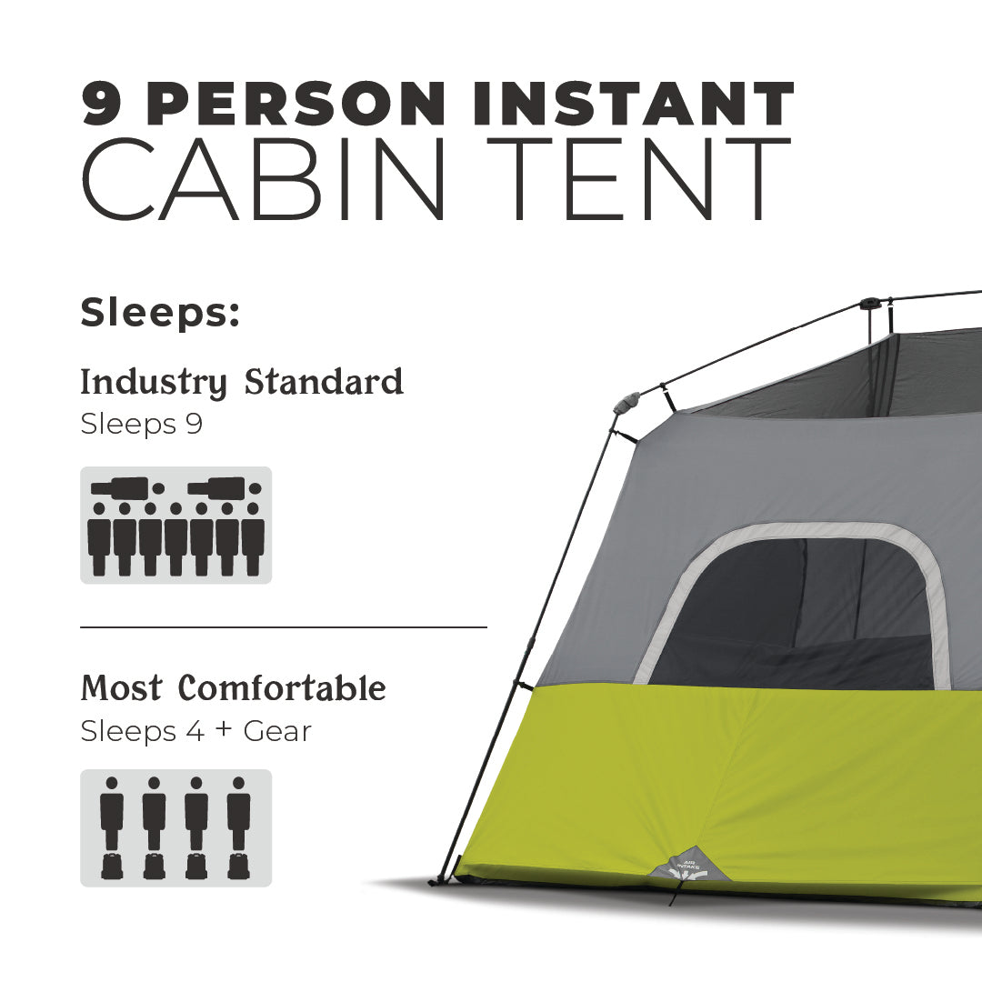 Image of a large green and gray cabin-style tent. Text at the top reads "CORE 9 Person Instant Cabin Tent." It states, "Sleeps: Industry Standard Sleeps 9" and "Most Comfortable Sleeps 4 + Gear," with corresponding graphics showing layouts for 9 and 4 people.
