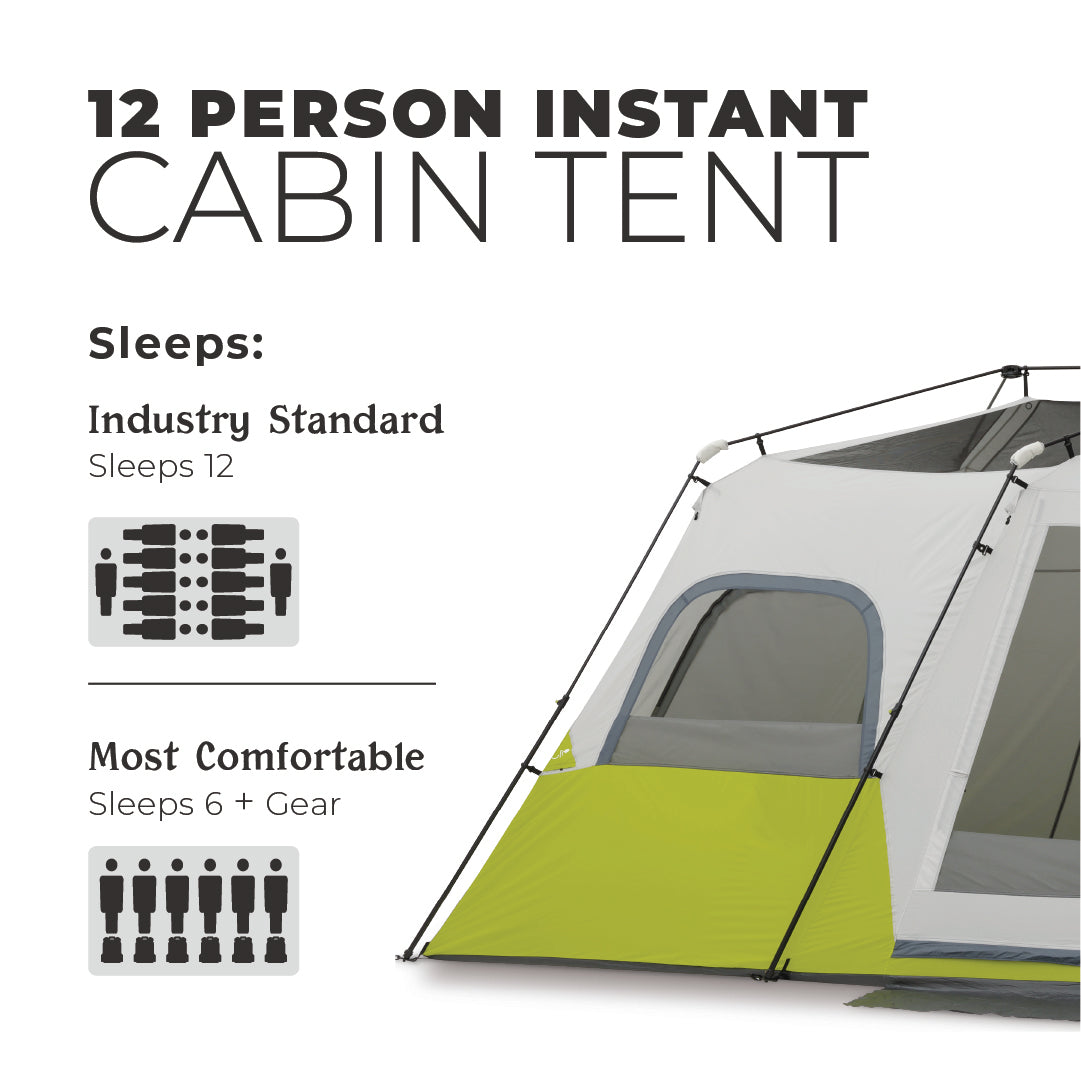 Image of a large green and gray cabin-style tent. Text at the top reads "CORE 12 Person Instant Cabin Tent." It states, "Sleeps: Industry Standard Sleeps 12" and "Most Comfortable Sleeps 6 + Gear," with corresponding graphics showing layouts for 12 and 6 people.