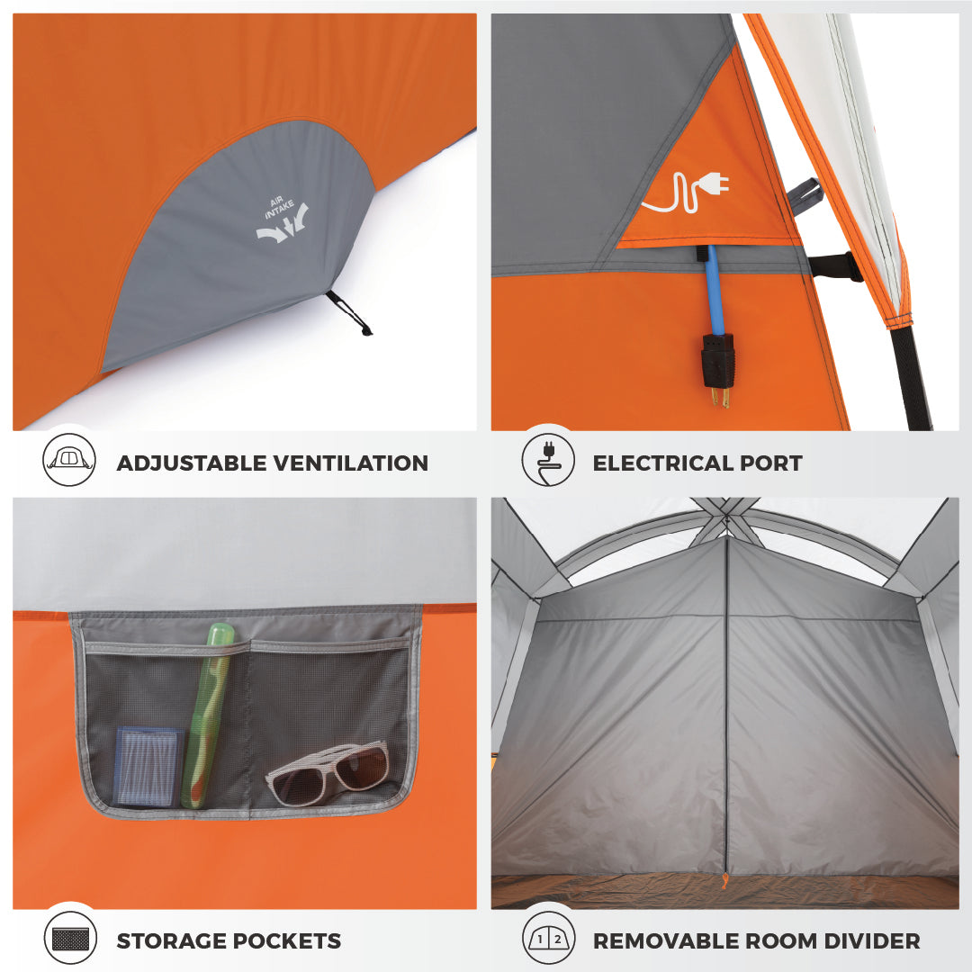 A collage of four images showcasing features of a camping tent: adjustable ventilation, an electrical port, storage pockets containing small items, and a removable room divider inside the tent. The CORE 10 Person Straight Wall Cabin Tent is predominantly grey and orange.