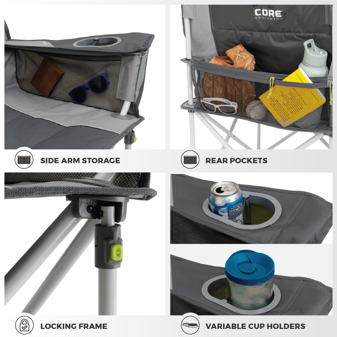Collage of a gray CORE Loveseat Double Outdoor Camp Chair highlighting features: side arm storage with sunglasses, phone, and keys; rear pockets storing snacks and a water bottle; a locking frame; and two cup holders, one holding a can and another holding a lidded drink. Text: "CORE" on the camping chair.