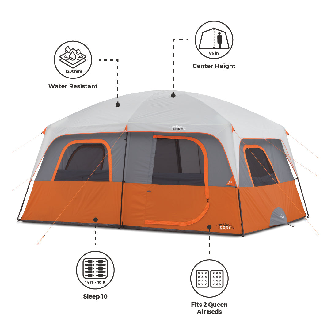Image of a large orange and gray outdoor camping tent with three labeled features. The CORE 10 Person Straight Wall Cabin Tent is described as water-resistant (1200mm), has a center height of 86 inches, and can sleep 10 people. It fits two queen air beds and measures 14 ft by 10 ft.