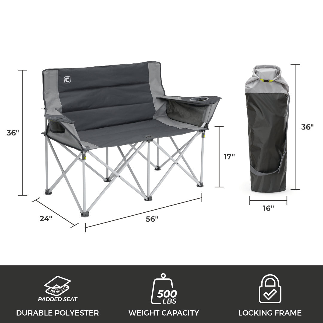 A metal folding Loveseat Double Outdoor Camp Chair with a high backrest, perfect for camping. The chair, upholstered in durable gray polyester, features two seats and padded armrests with a cup holder. It comes with a gray carrying bag from CORE. Dimensions: 36"x56"x24". Highlighting its 500 lbs capacity and locking frame.