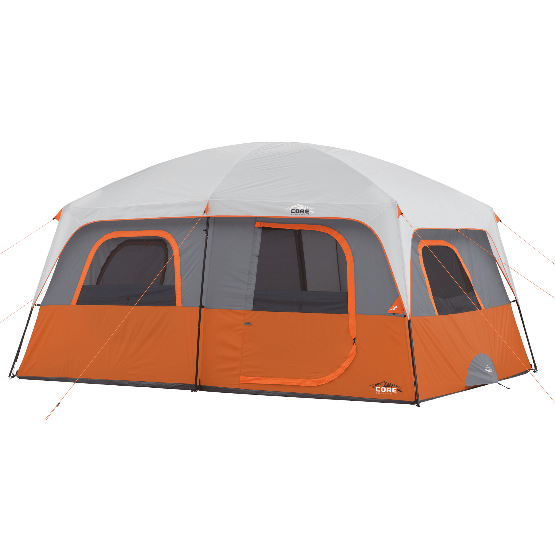 A large gray and orange 10 Person Straight Wall Cabin Tent with multiple windows and a door. The tent has a rounded roof and black poles, and it is branded with the "CORE" logo.