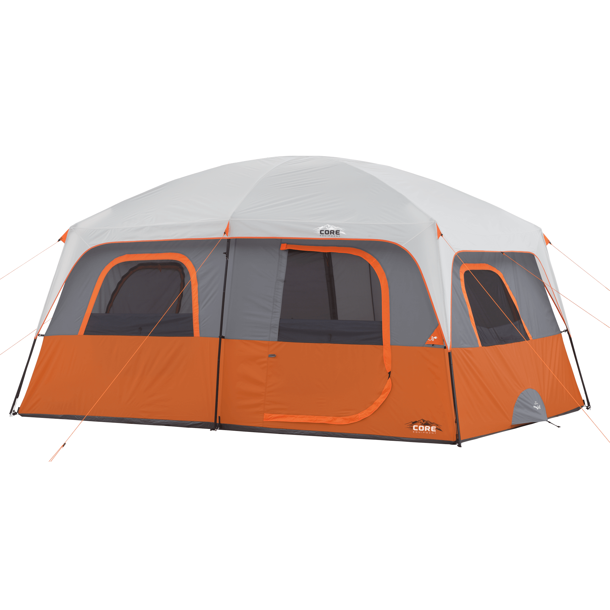 A large gray and orange 10 Person Straight Wall Cabin Tent with multiple windows and a door. The tent has a rounded roof and black poles, and it is branded with the "CORE" logo.