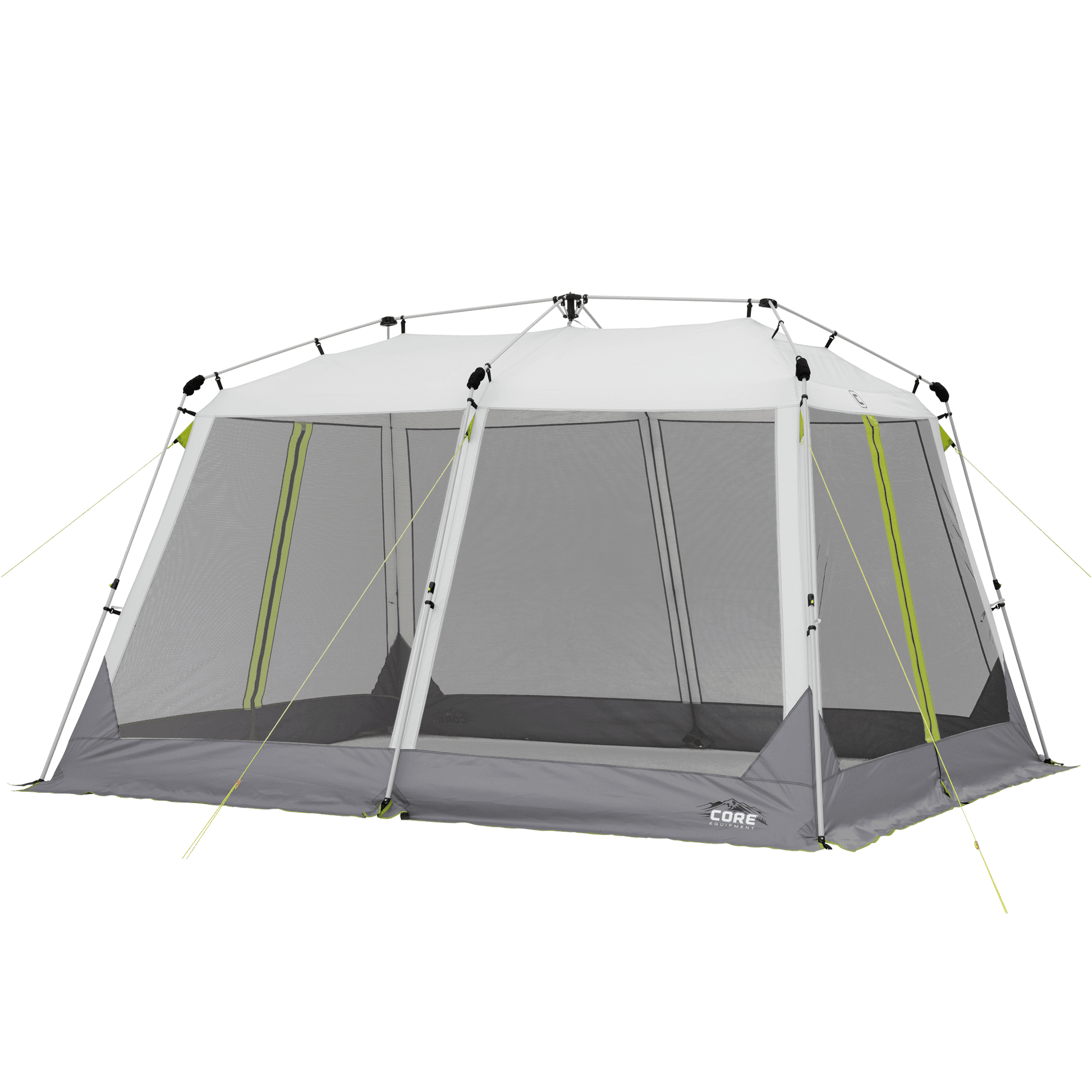 A large, rectangular 12' x 10' Instant Screen House from CORE with a light gray roof and mesh walls. The tent has a sturdy frame with bright lime green guy lines for stability. The screen house features two large entryways with zippable mesh doors for ventilation and insect protection.