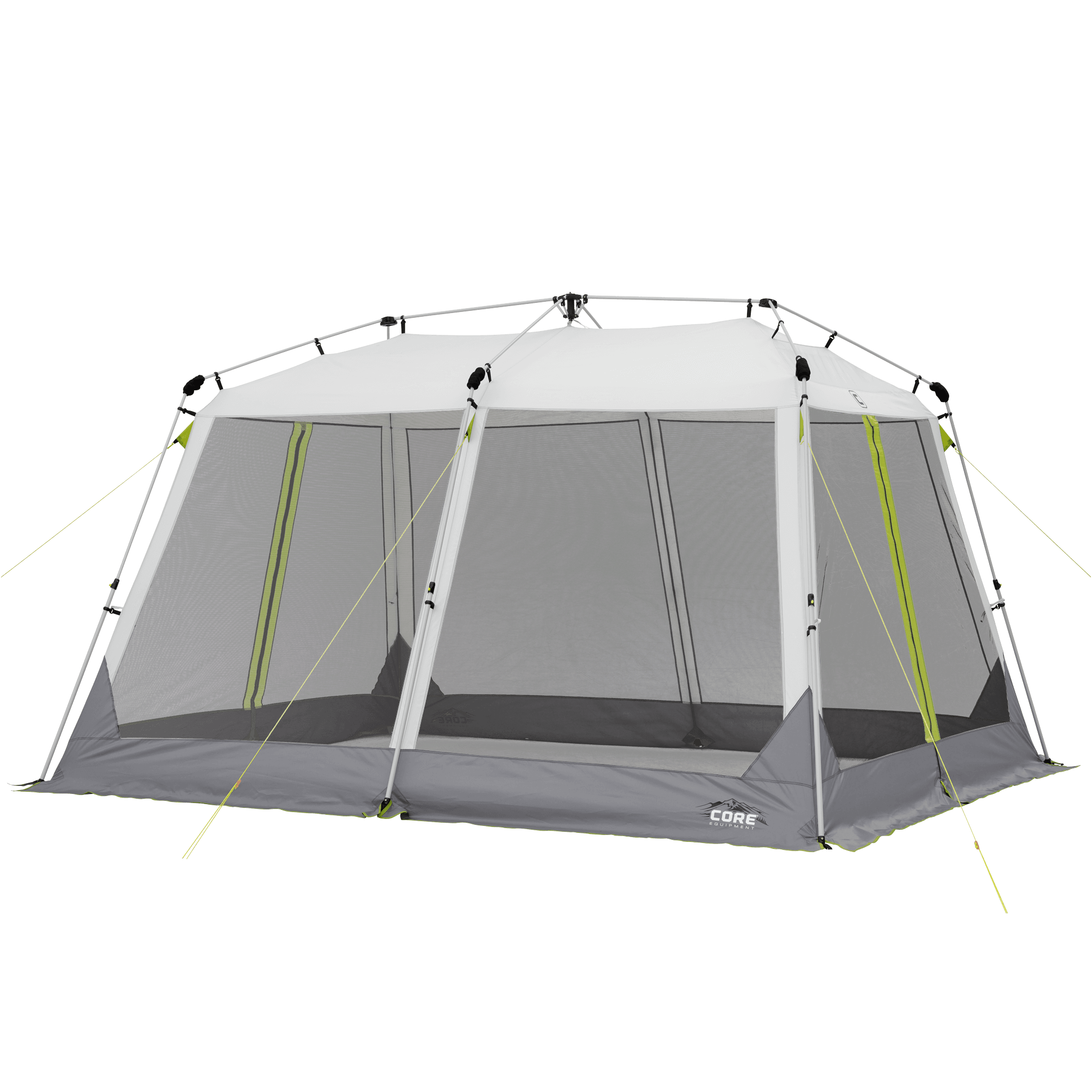 A large, rectangular 12' x 10' Instant Screen House from CORE with a light gray roof and mesh walls. The tent has a sturdy frame with bright lime green guy lines for stability. The screen house features two large entryways with zippable mesh doors for ventilation and insect protection.