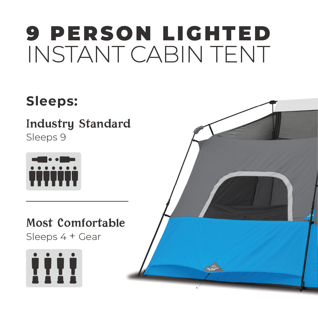 Image of a 9 person lighted instant cabin tent. Text reads, "CORE 9 Person Lighted Instant Cabin Tent". An infographic shows the tent can sleep 9 people by industry standards but is most comfortable for 4 people plus gear. The tent has gray and blue fabric and a large door.