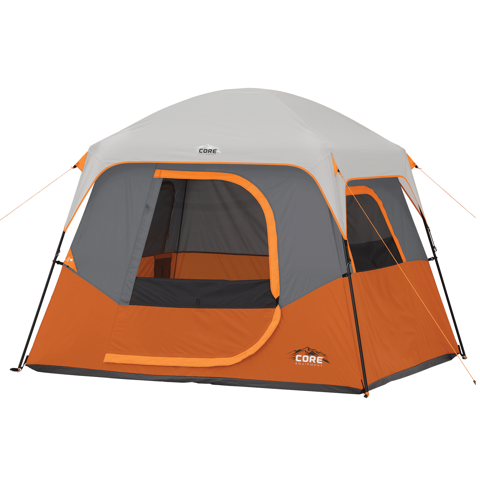 The CORE 4 person cabin tent in orange and gray features mesh windows for ventilation, guy lines for stability, and a spacious interior designed to accommodate multiple occupants.