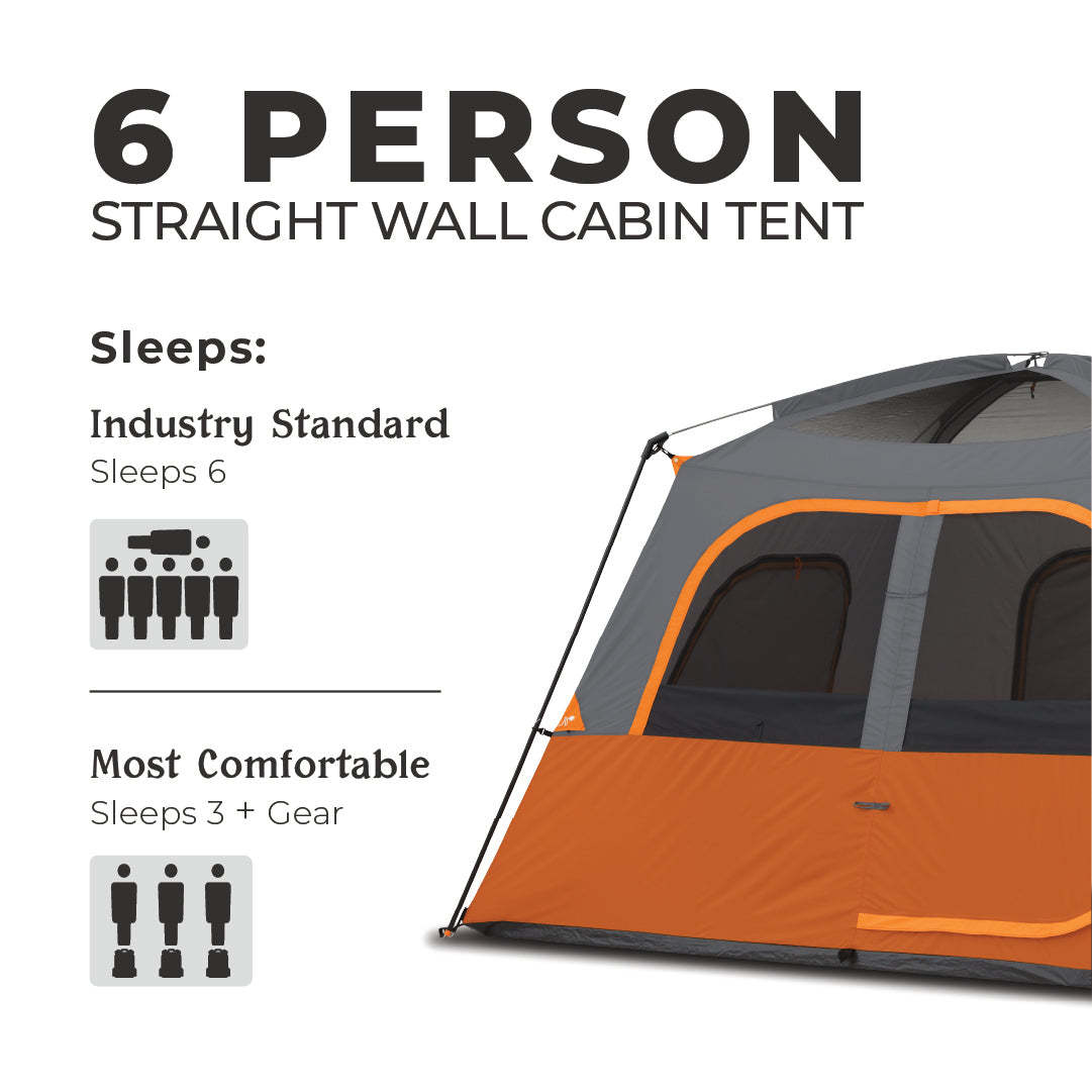 Image of a 6 Person Straight Wall Cabin Tent from CORE. The orange and gray tent is set up and has a door and windows. Text indicates the tent sleeps 6 by industry standard, but is most comfortable for 3 people and their gear.