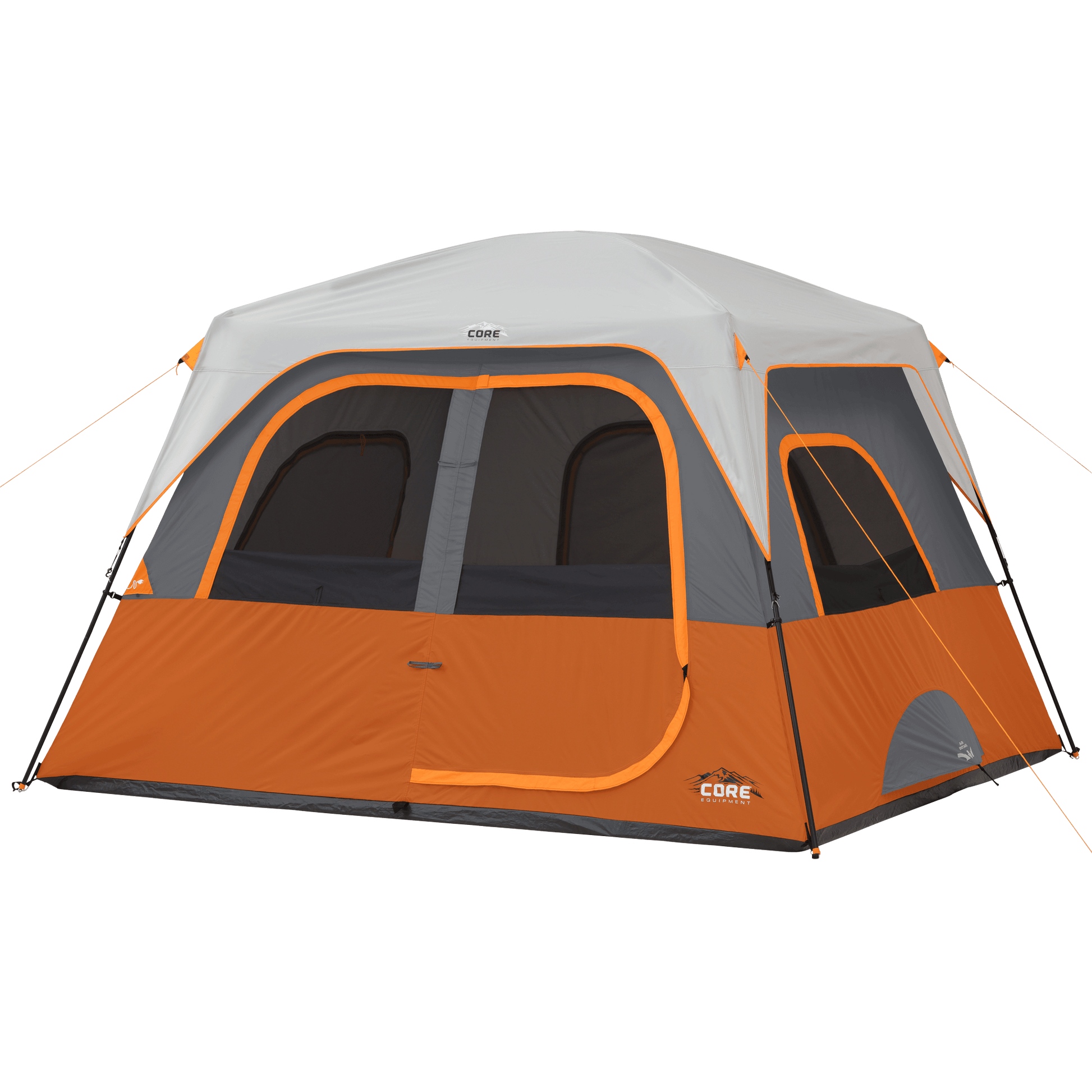 The CORE 6 person cabin tent in orange and gray features mesh windows for ventilation, guy lines for stability, and a spacious interior designed to accommodate multiple occupants.