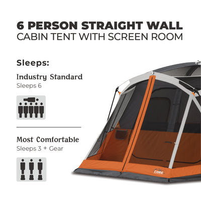 Image of a 6 Person Straight Wall Cabin Tent with Screen Room from CORE. The orange and gray tent is set up and has a door and windows. Text indicates the tent sleeps 6 by industry standard, but is most comfortable for 3 people and their gear.