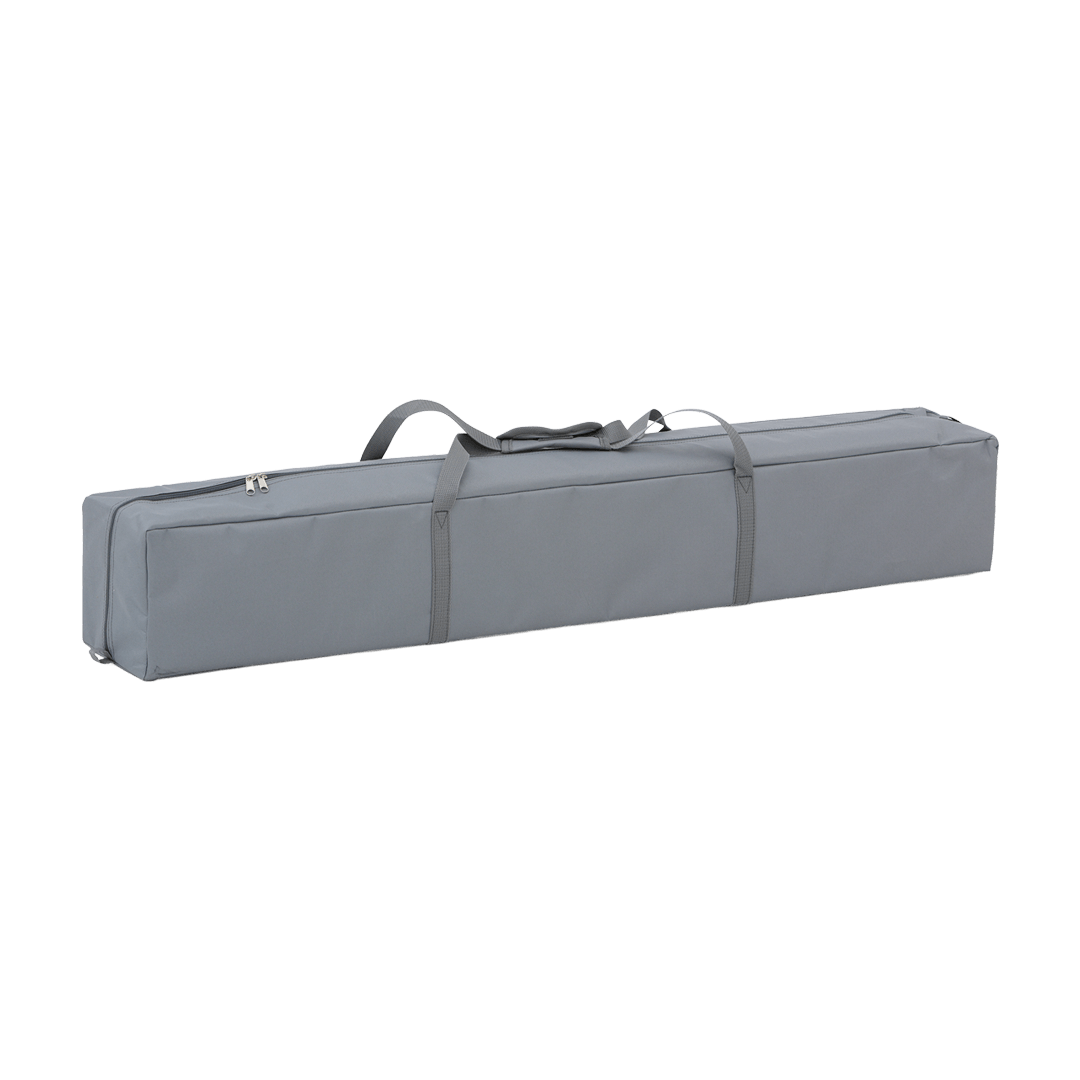 grey carry bag with attached straps and metal pull tabs