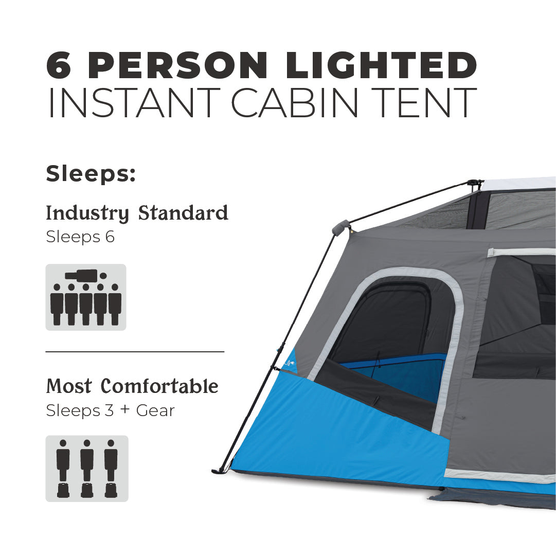 Image of a CORE 6 Person Lighted Instant Cabin Tent. Text indicates it sleeps 6 by industry standard and is most comfortable for 3 people plus gear. The image shows part of the tent with a partially closed door and support poles.