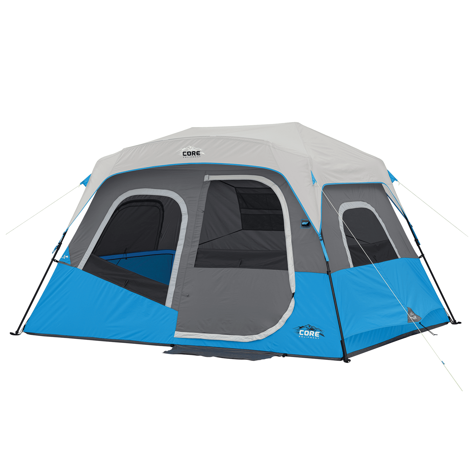 A CORE 6 Person Lighted Instant Cabin Tent , featuring multiple windows and a large entrance. The tent is set up with steel poles and guylines. 